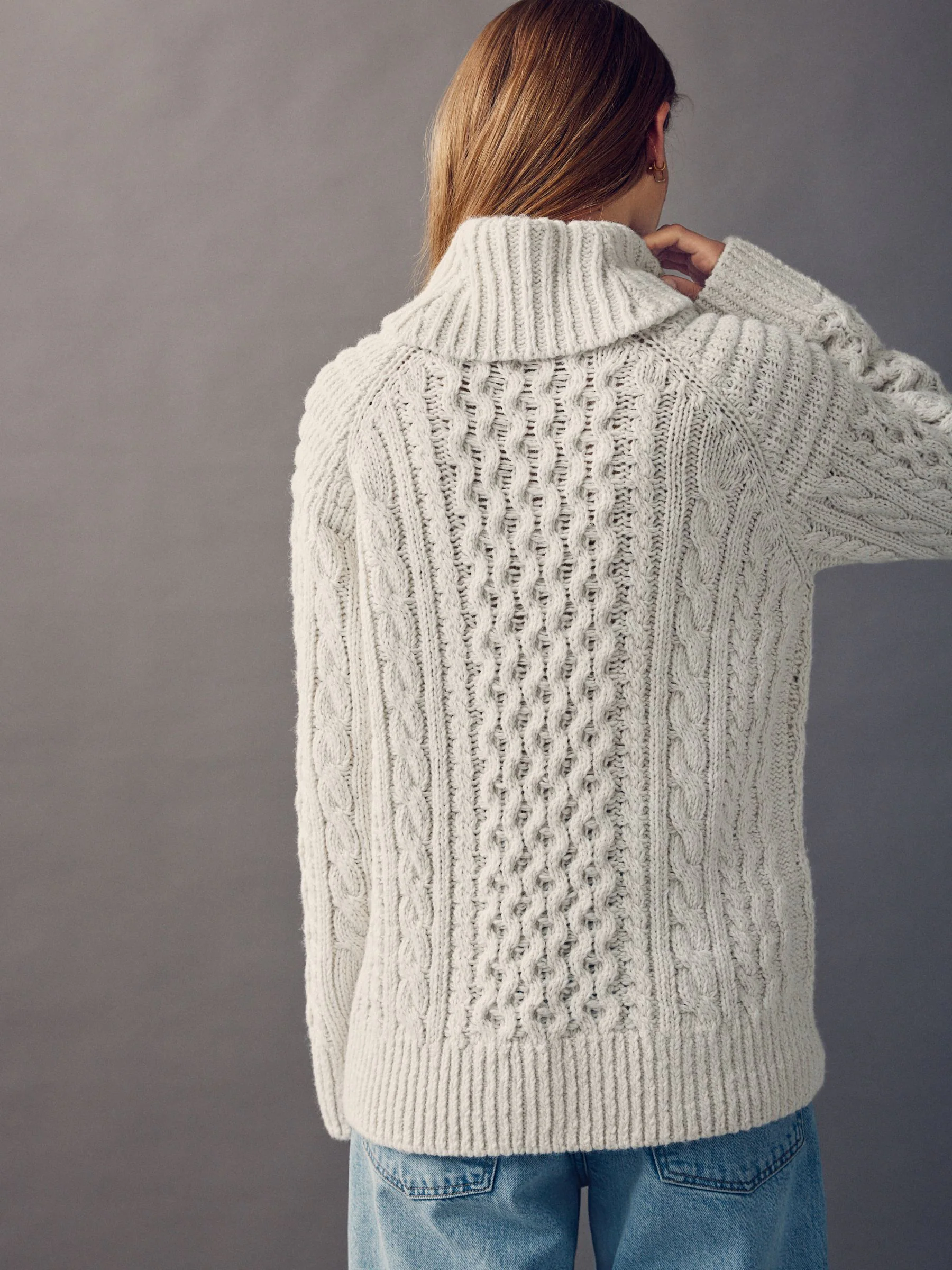 Ecru White Roll Neck Cable Longline Jumper with Wool
