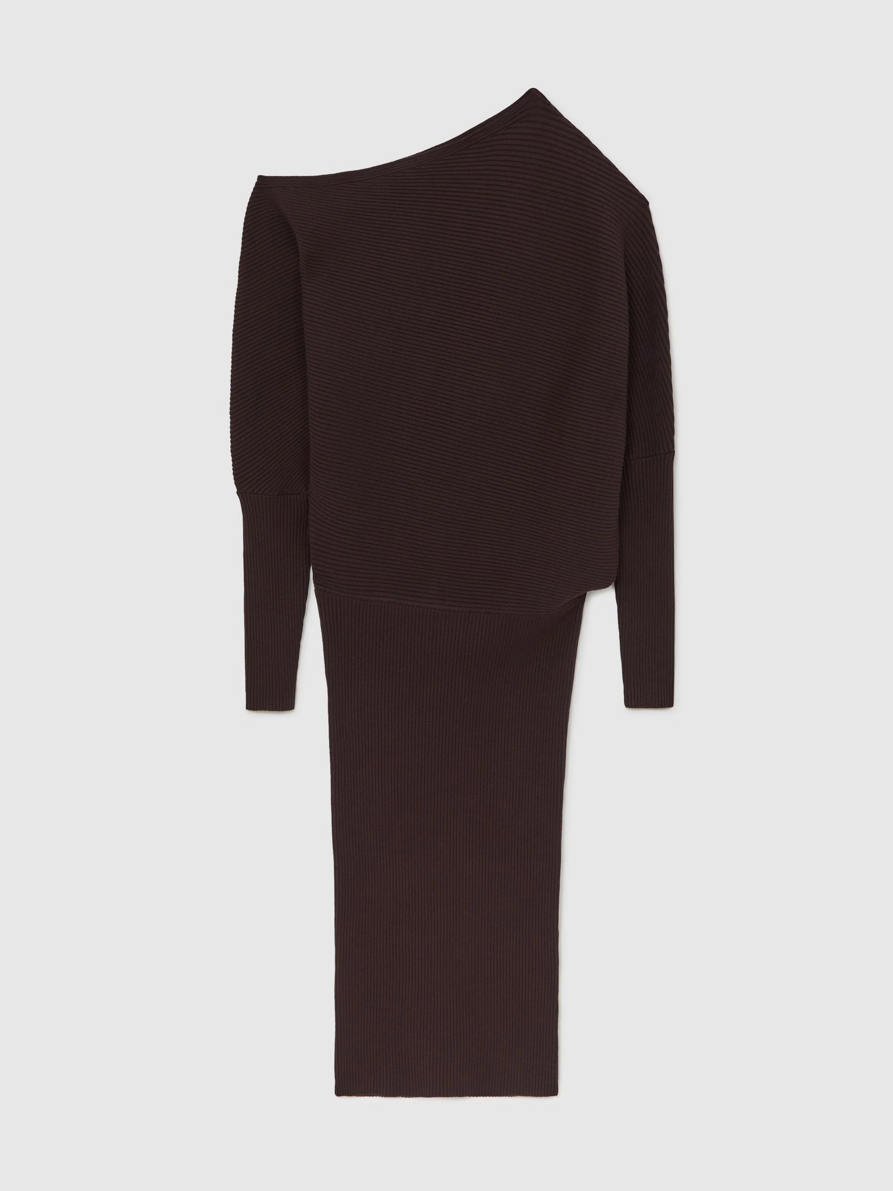 Reiss Plum Purple Lara Off-The-Shoulder Ribbed Knitted Midi Dress