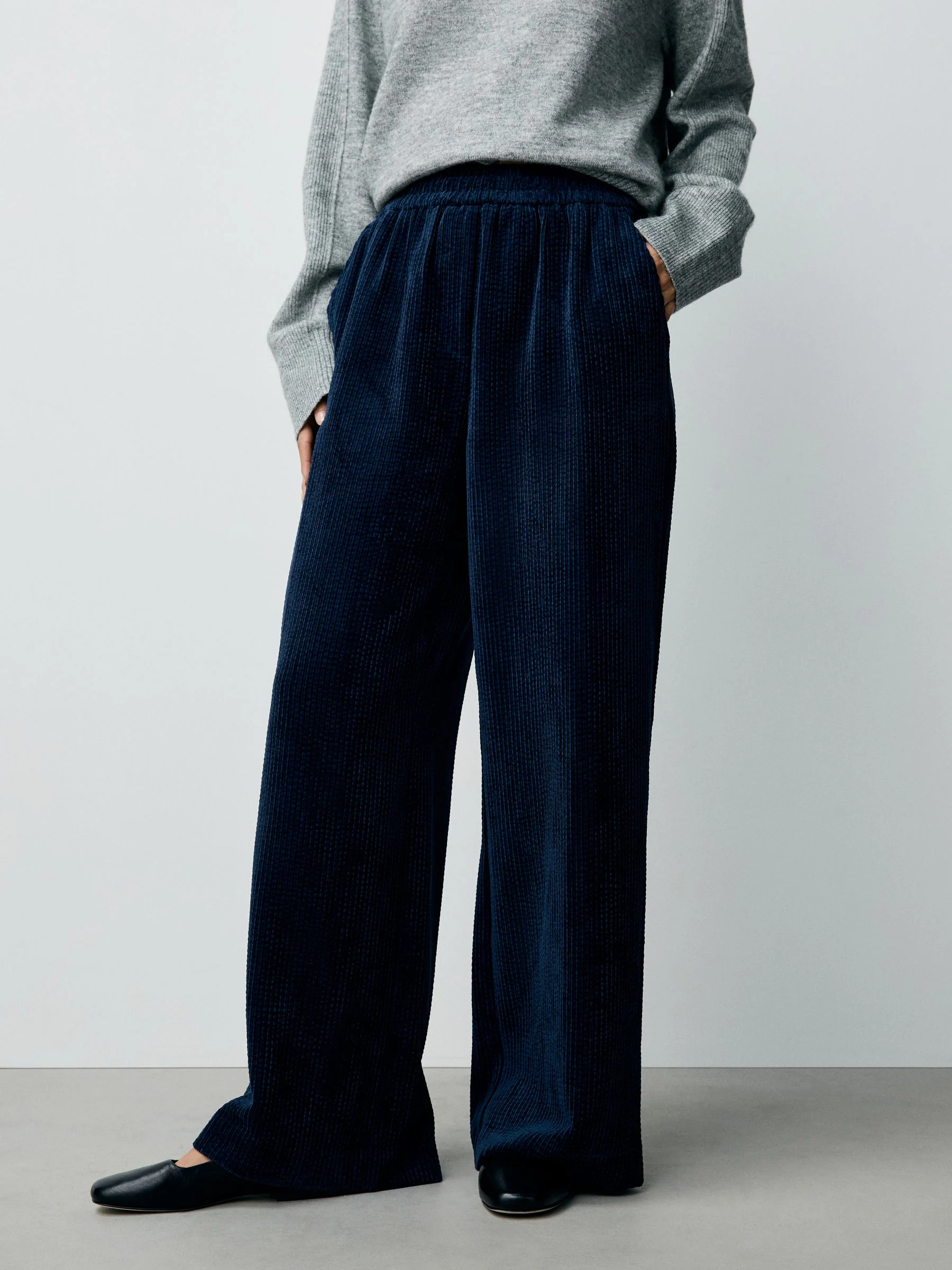 Navy Blue Wide Leg Soft Cord Trousers