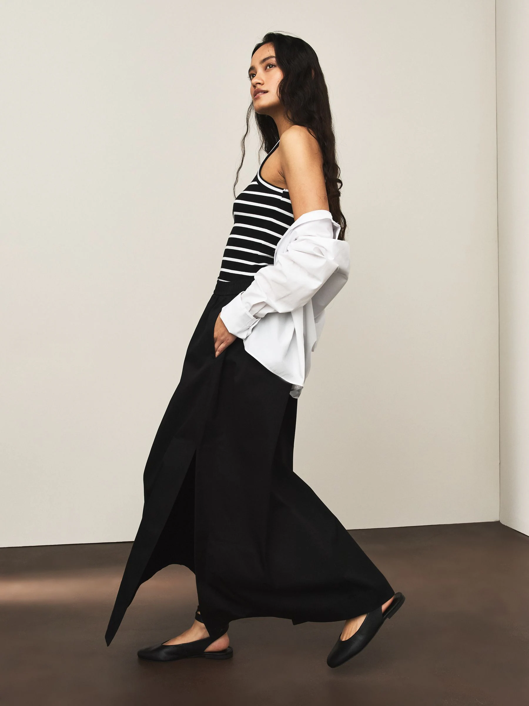 Black Elastic Waist Cotton Blend Midi Skirt