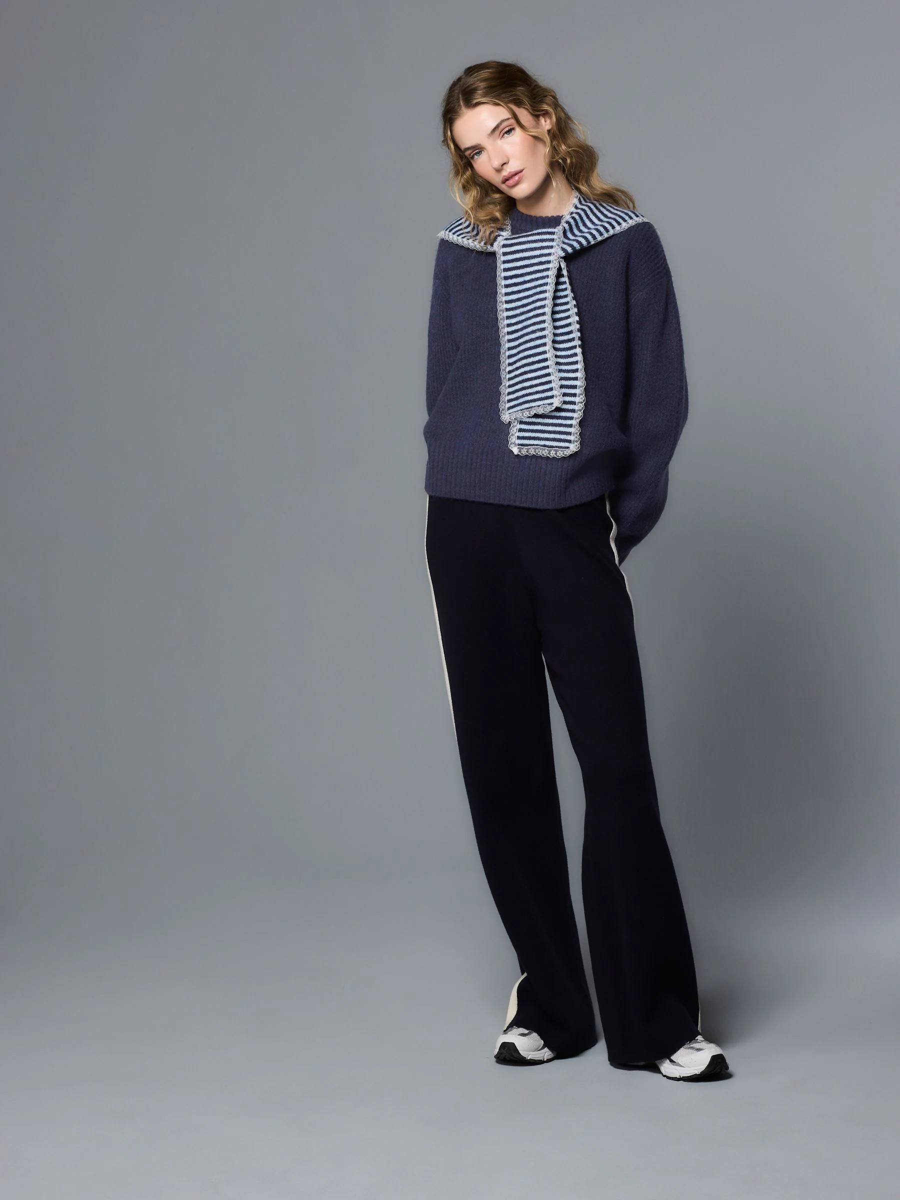 Navy Blue Stripe Scarf Layer Lace Trim Knitted Jumper