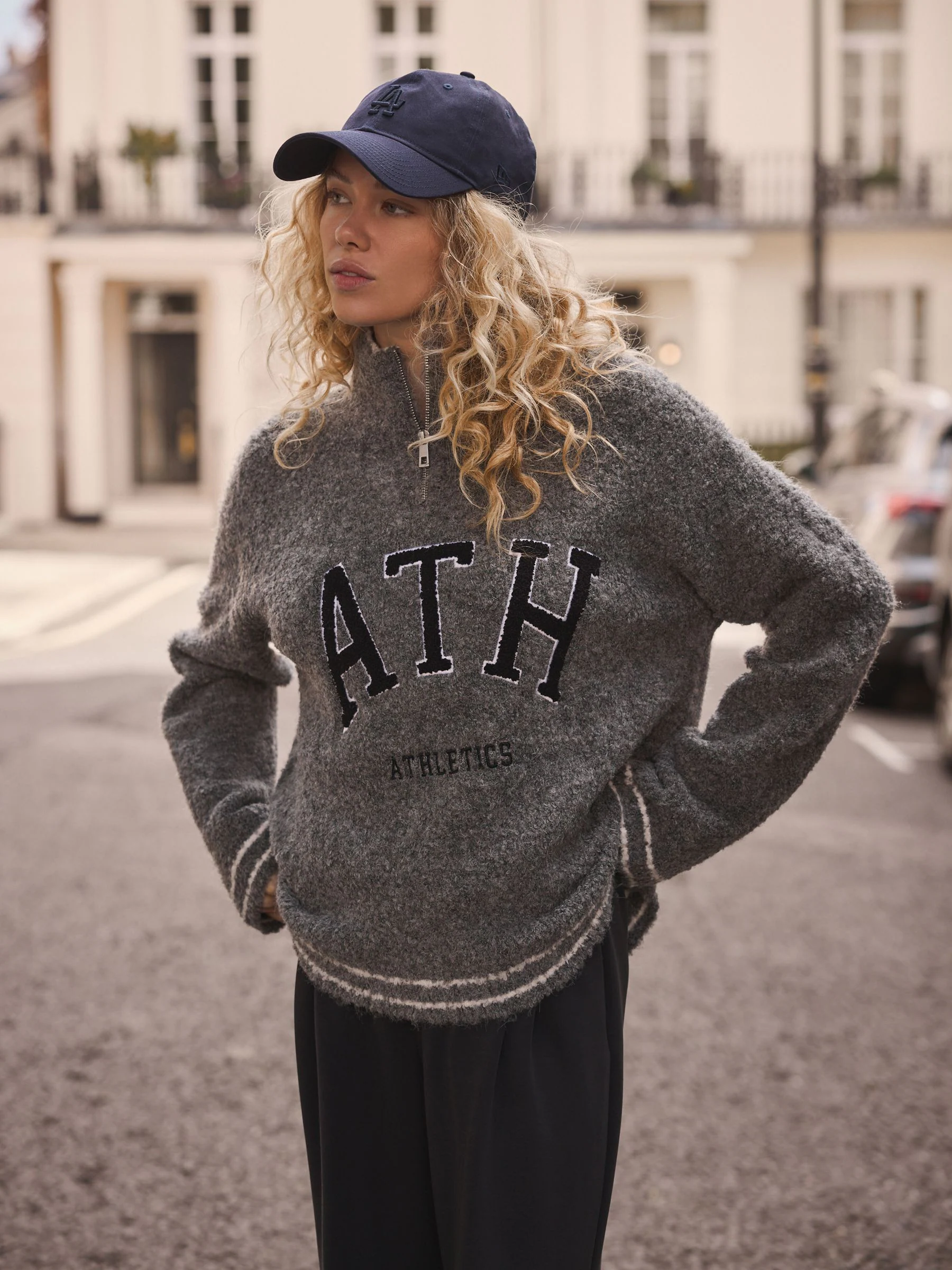 Charcoal Grey Sports Graphic Zip Neck Boucle Jumper