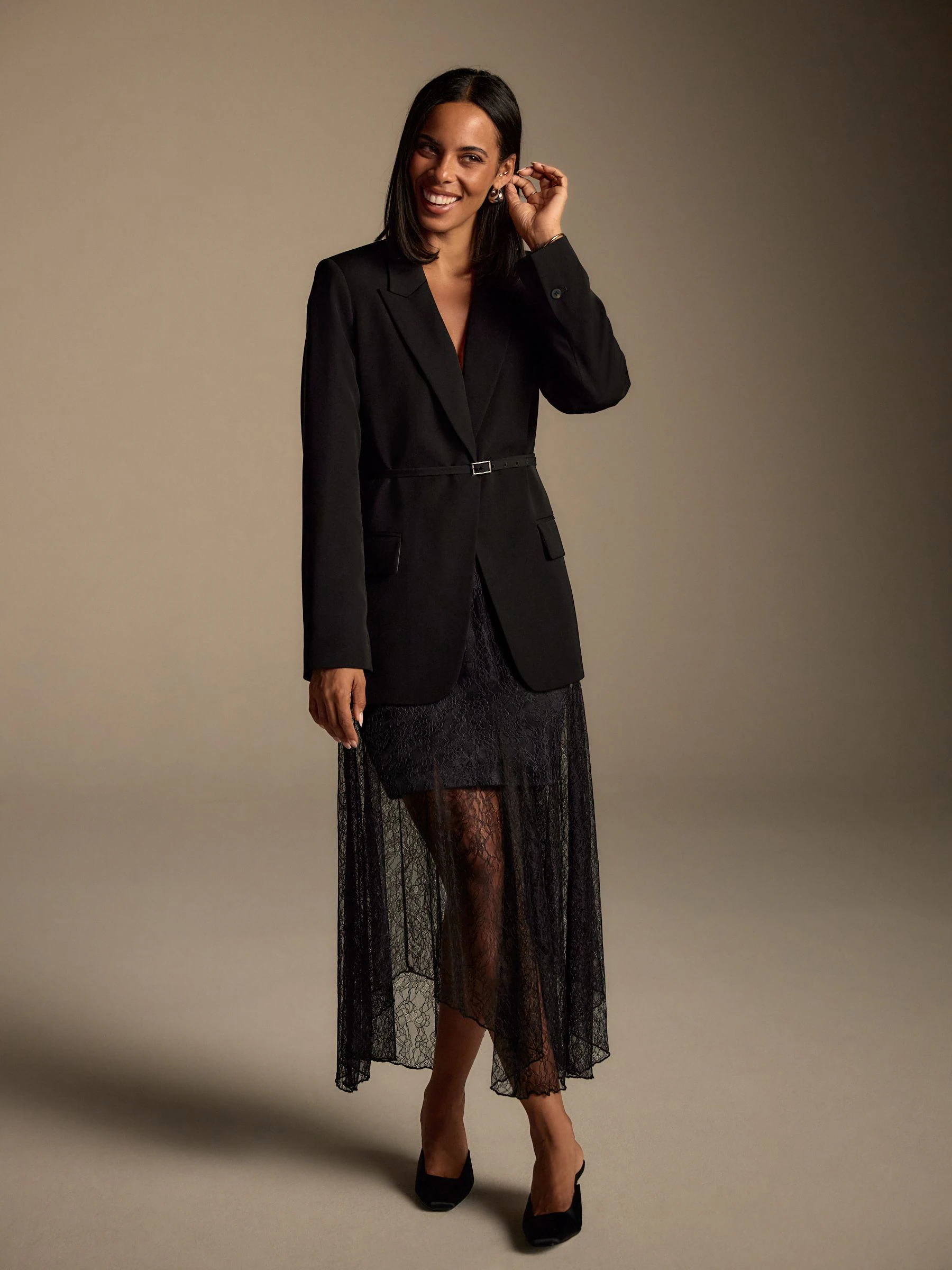 Black Single Breasted Skinny Belt Blazer