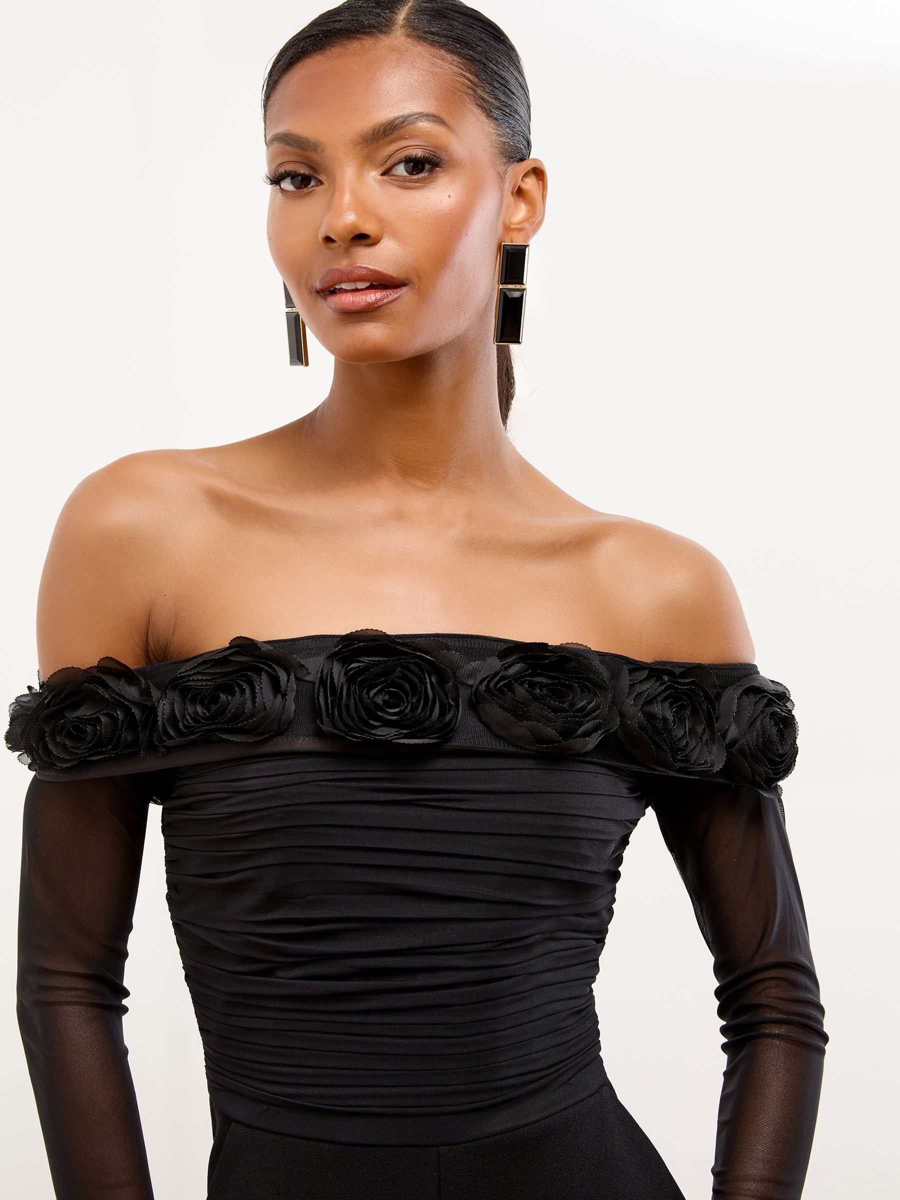 Lipsy Black Flower 3D Trim Bardot Long Sleeve Mesh Jumpsuit