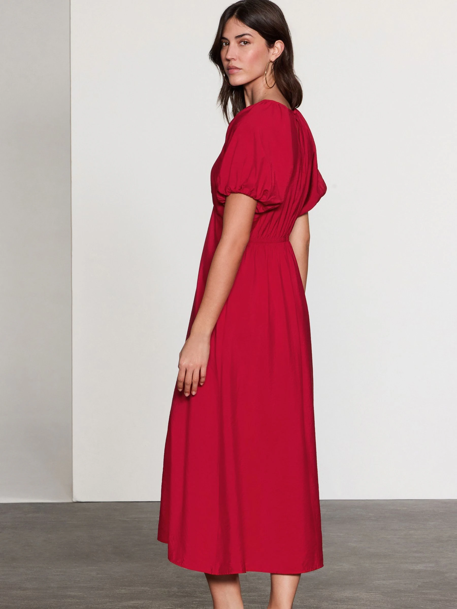 Bright Red Puff Sleeve Midi Dress