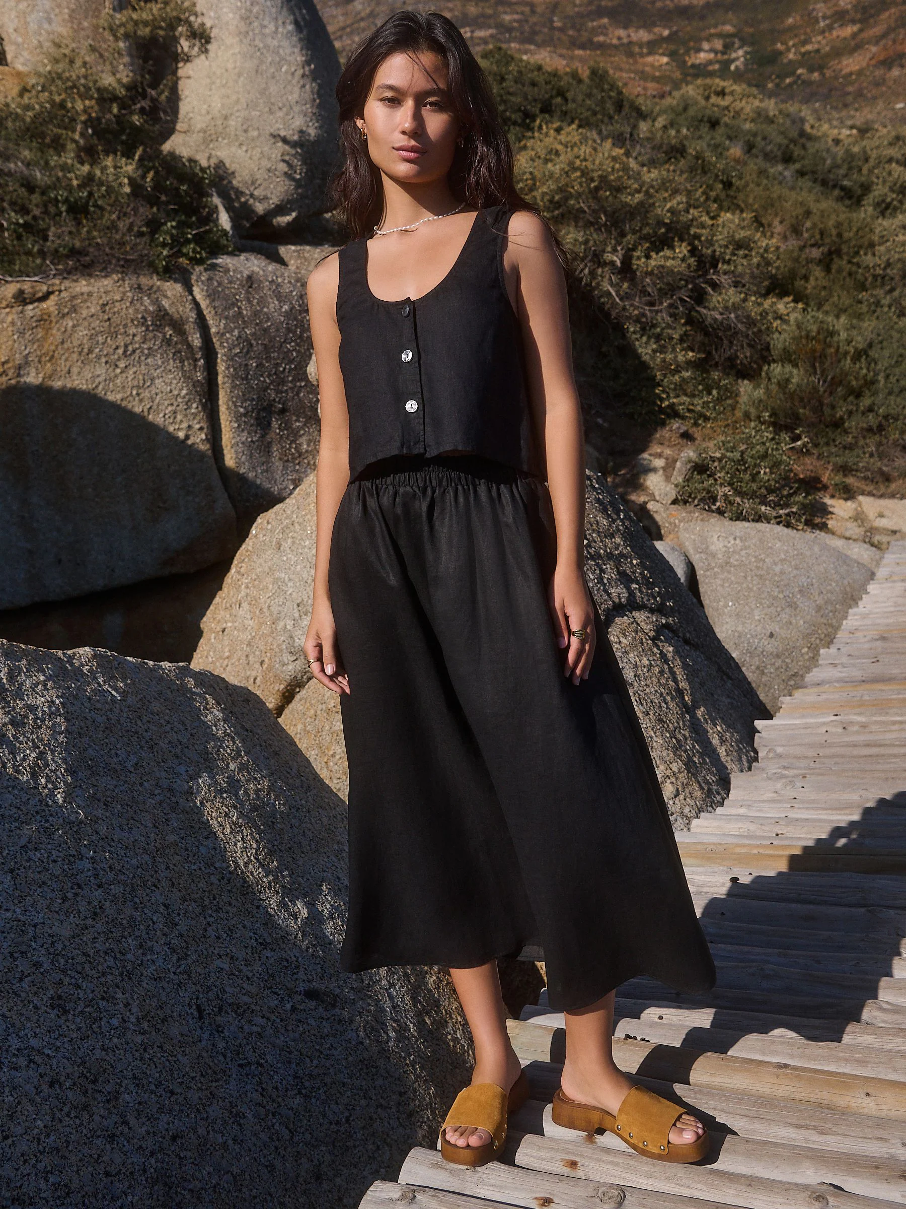 Black 100% Linen Midi Skirt