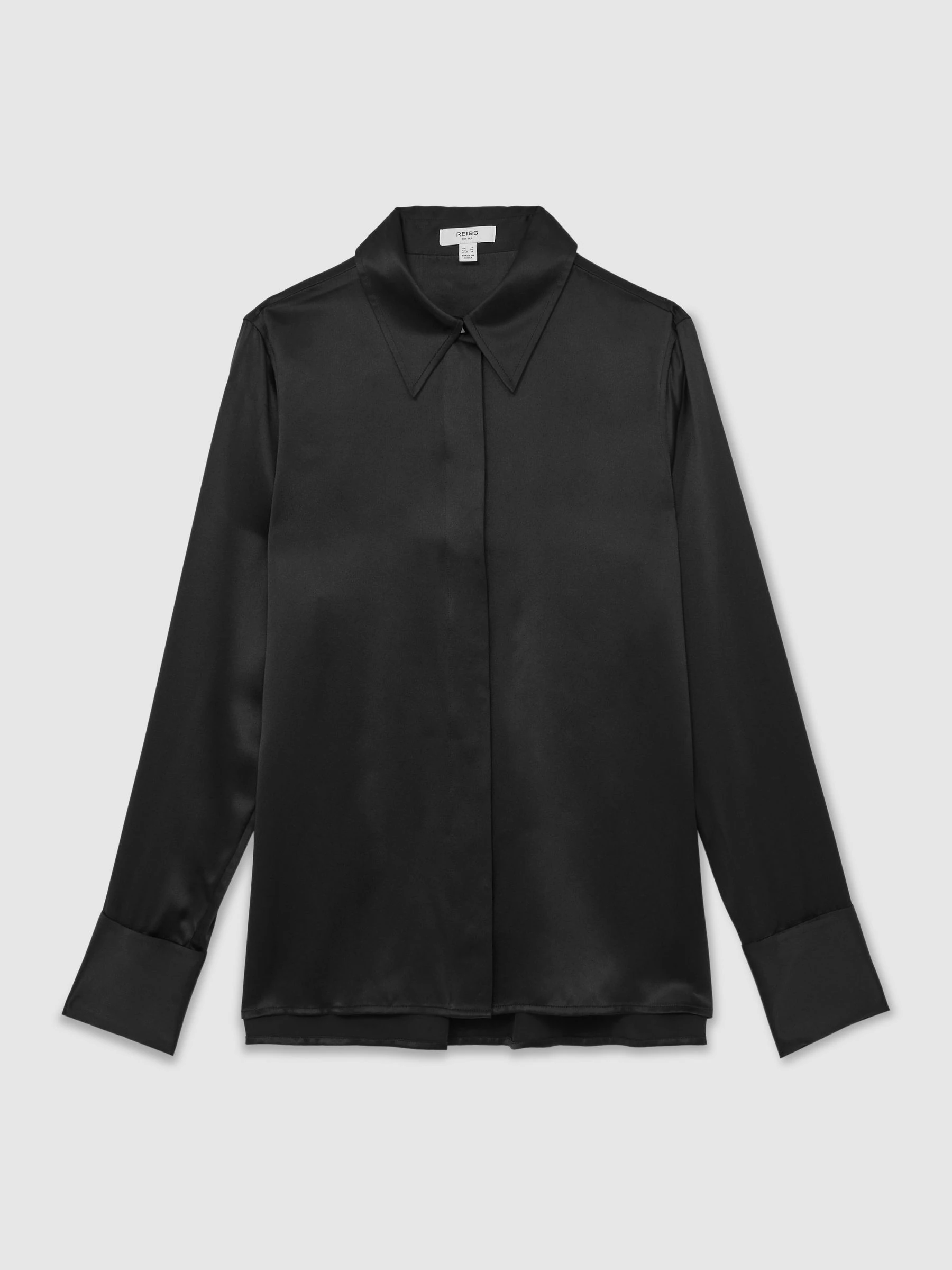 Reiss Black Ameira Silk-Satin Concealed-Placket Shirt