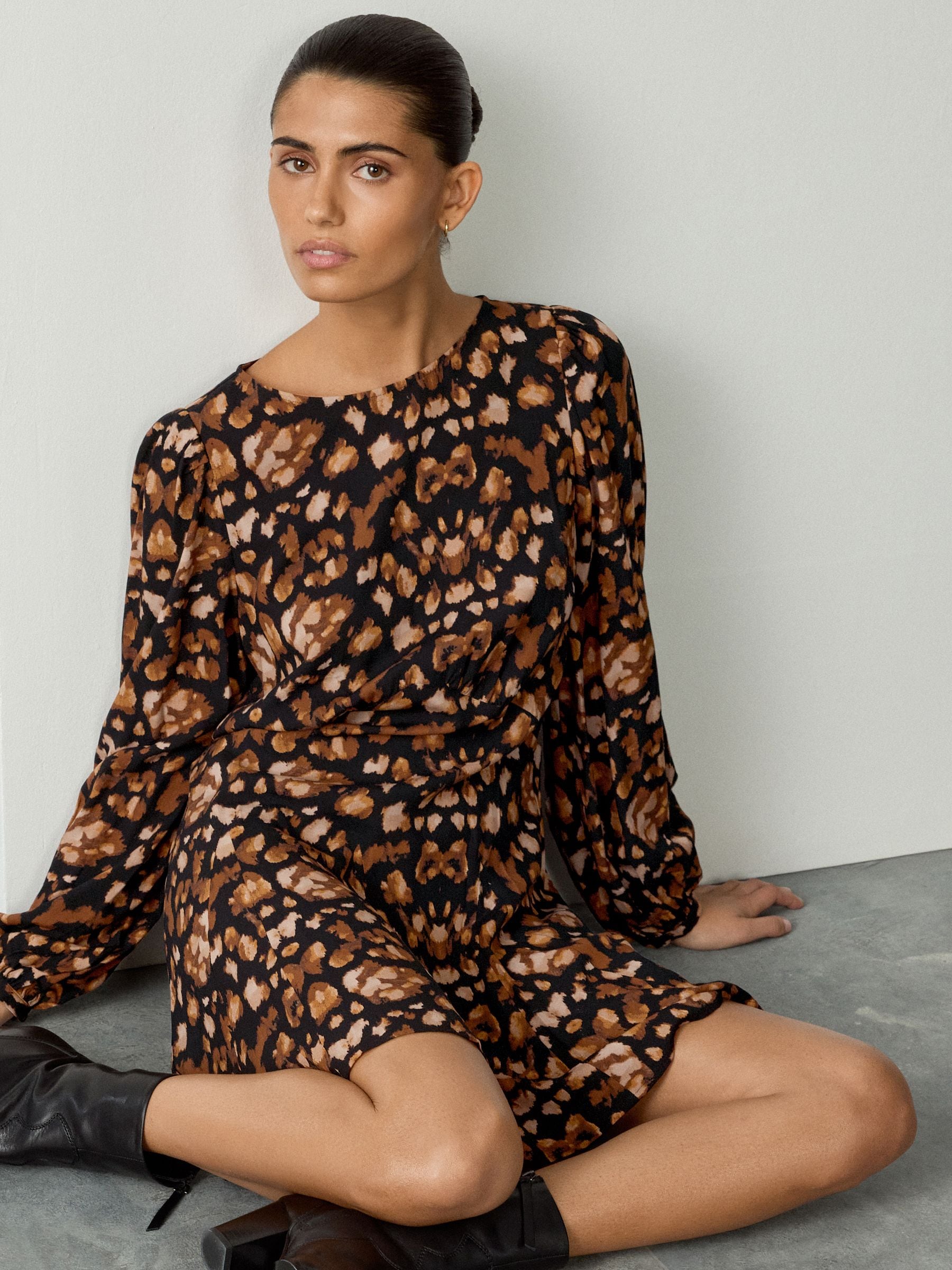 Black/Brown Animal Print Mini Long Sleeve A-Line Seam Detail Dress
