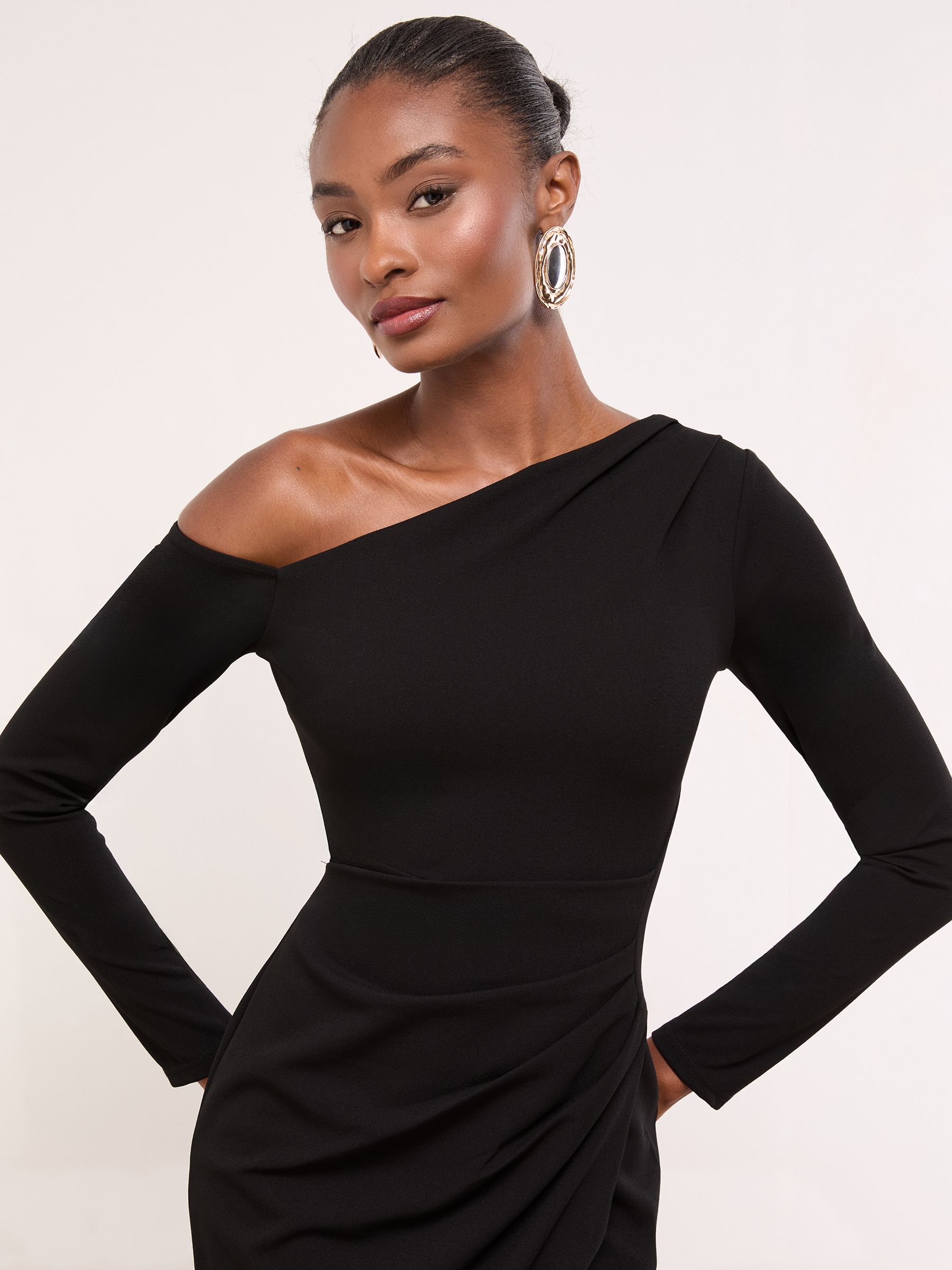 Lipsy Black Long Sleeve Off The Shoulder Gathered Waist Maxi Dress