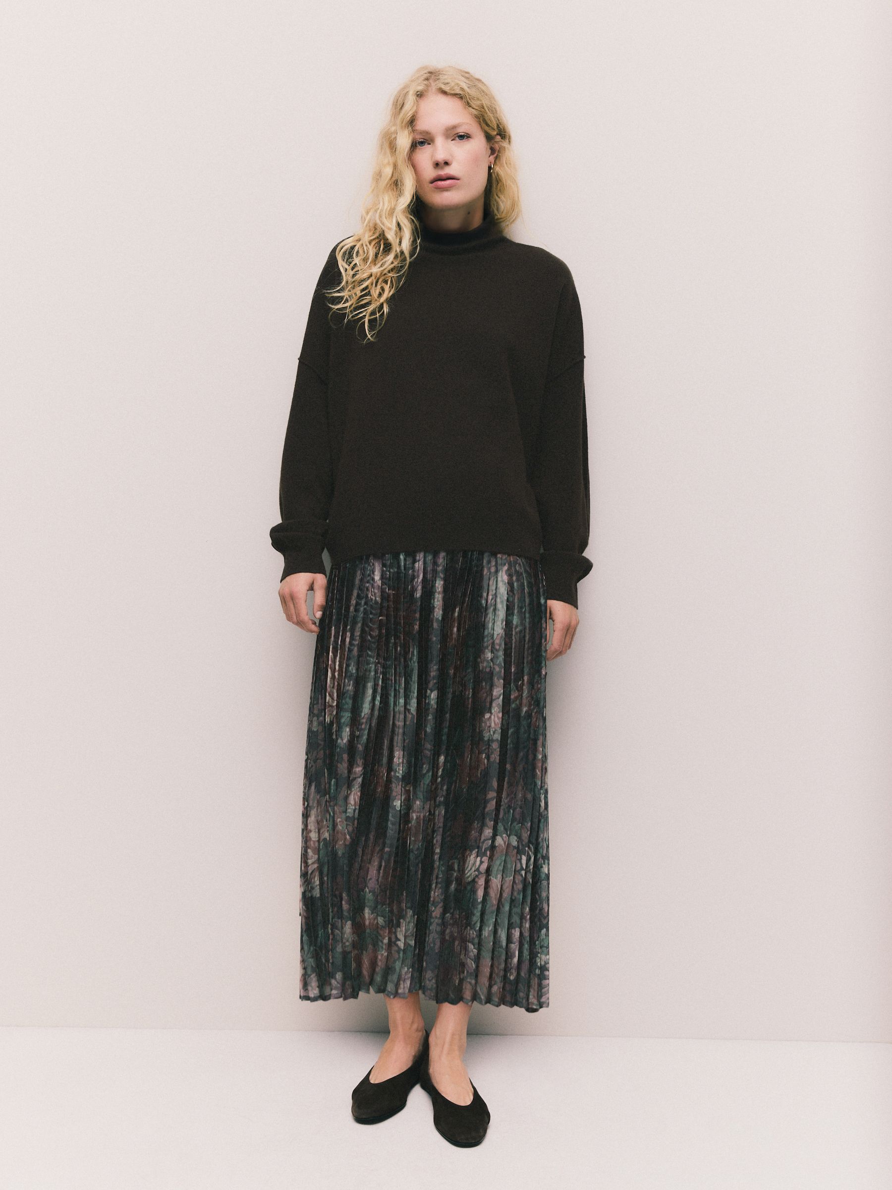 Chocolate Brown Floral 2-In-1 Knitted Jumper with Pleated Midi Skirt