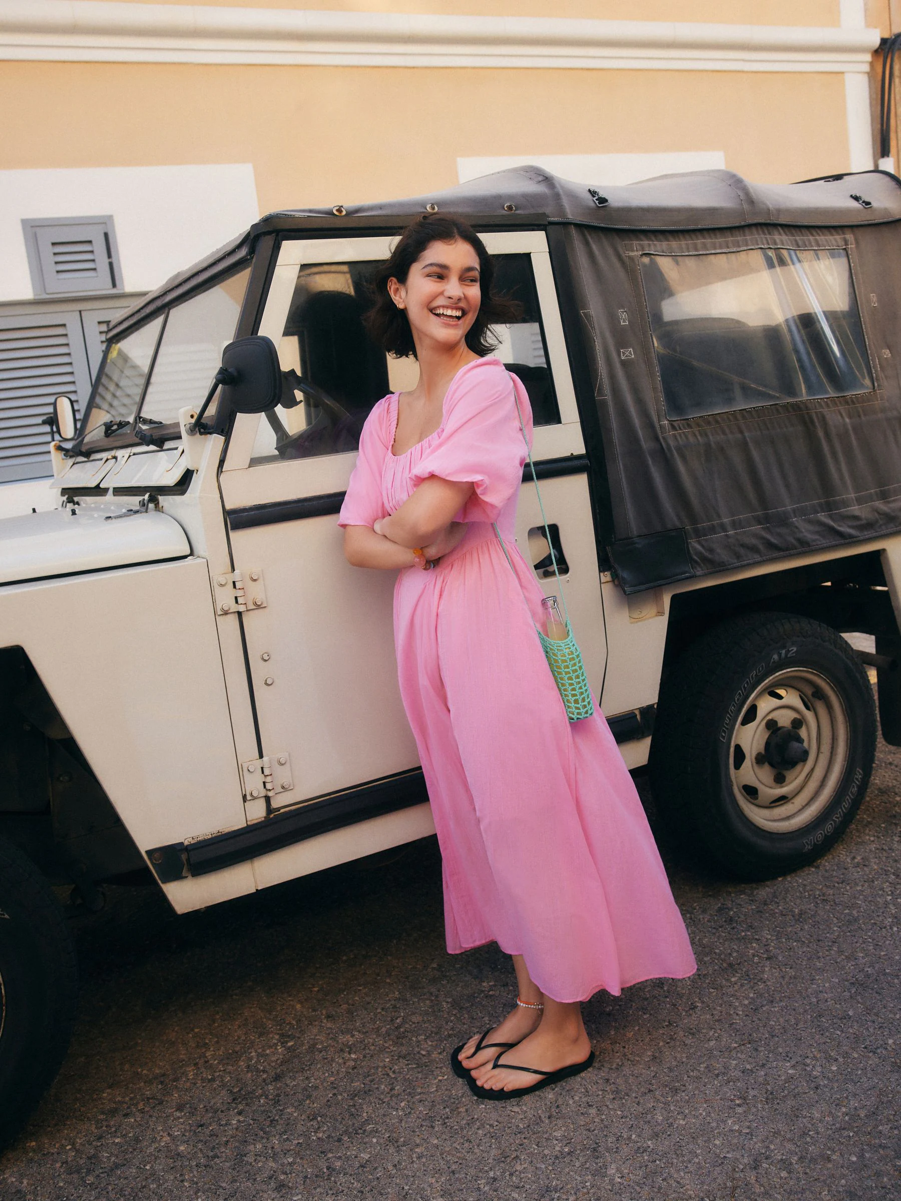 Pink Puff Sleeve Midi Dress