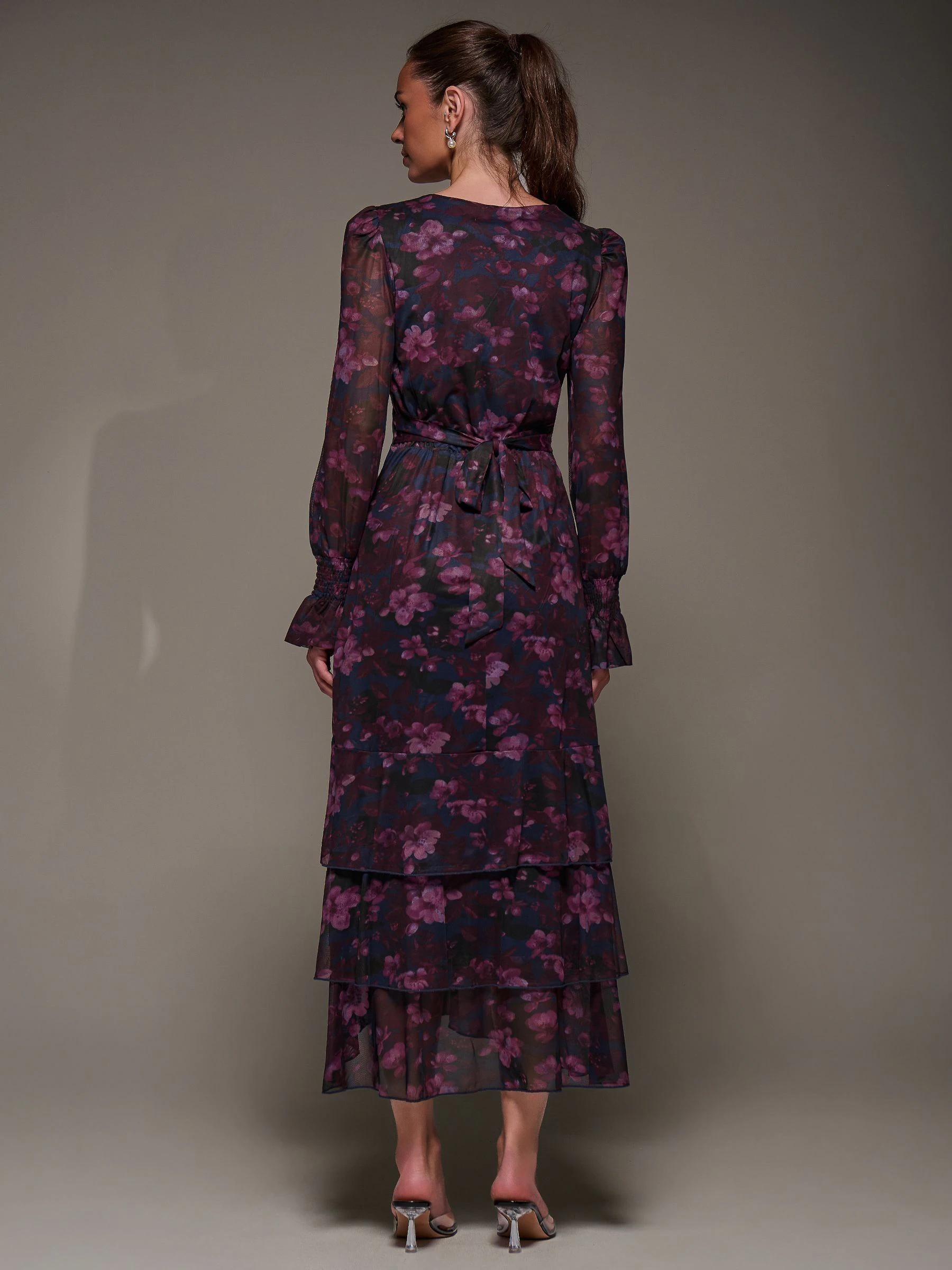 Jolie Moi Blue Long Sleeve Ruffle Hem Mesh Maxi Dress