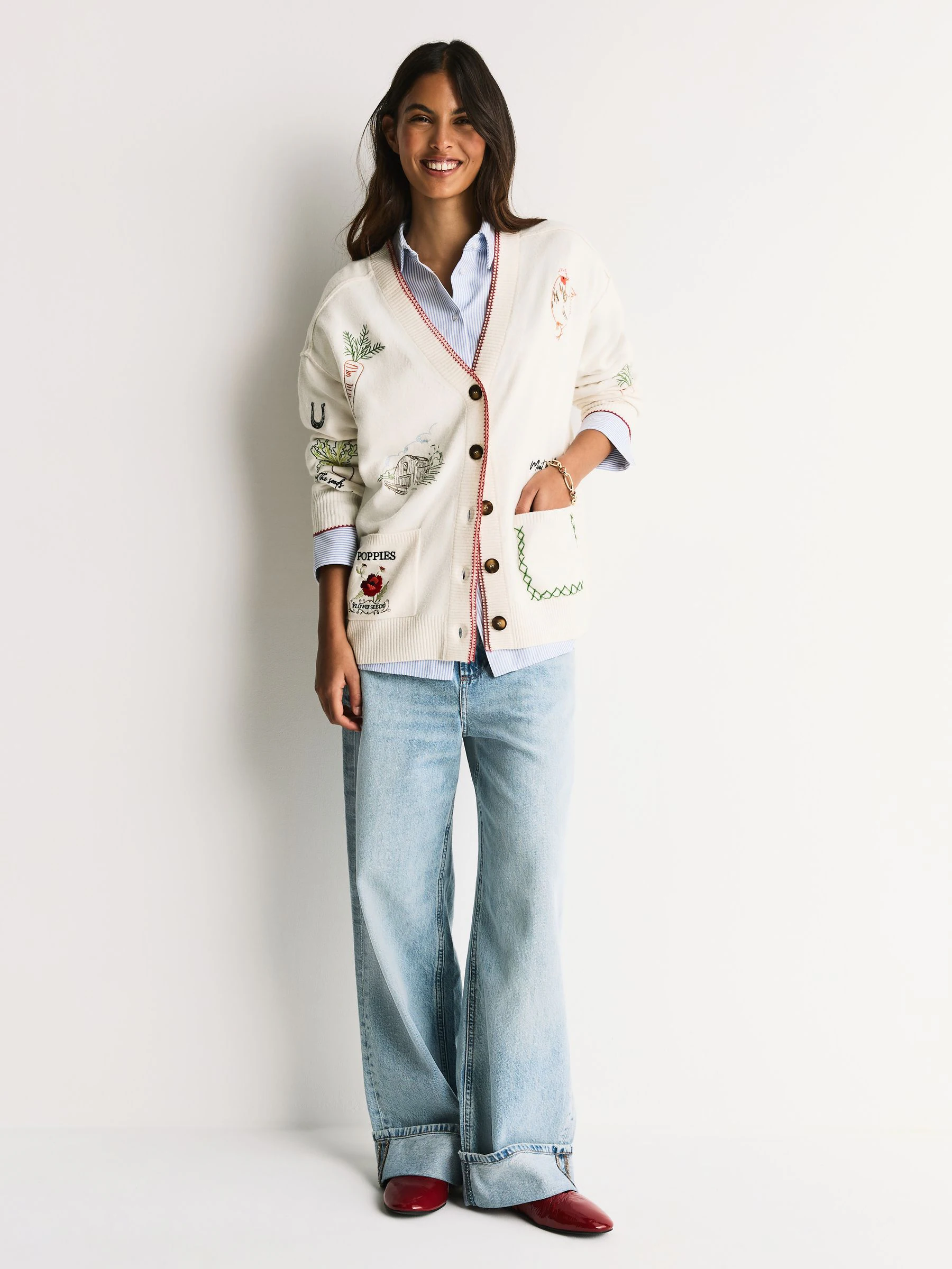 Ecru Embroidered Supersoft V-Neck Cardigan With Pockets