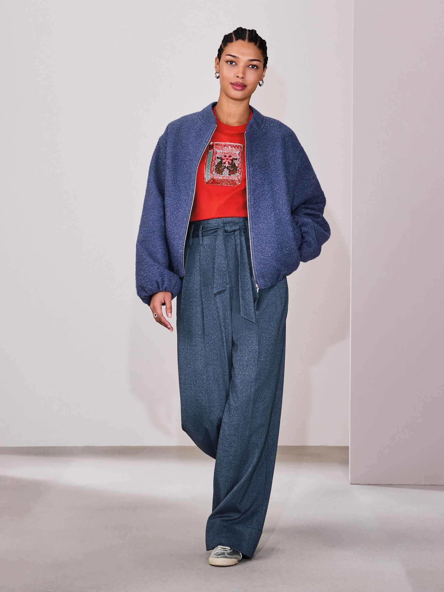 Denim Look Superwide Belted Trousers