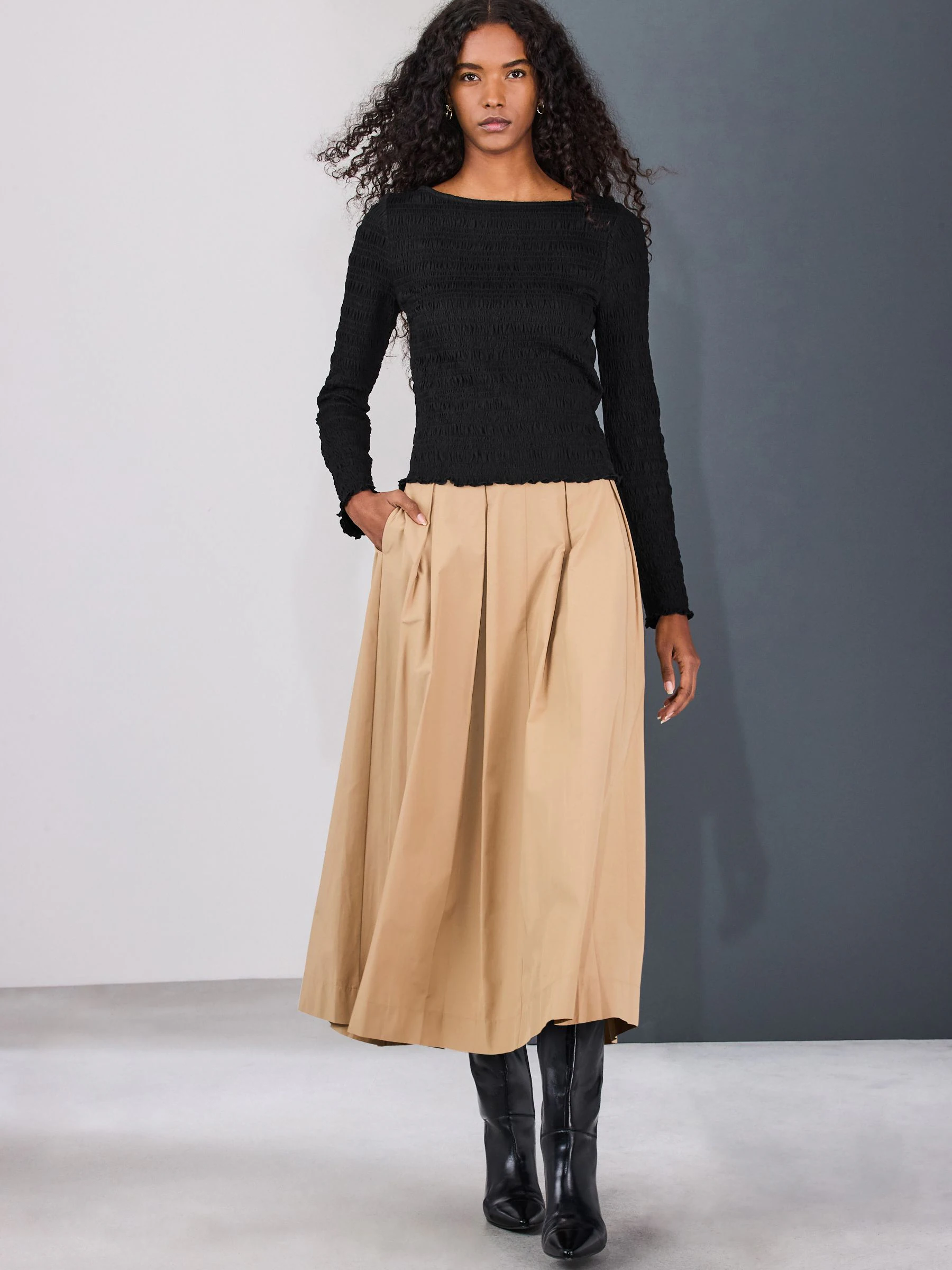 Black Shirred Long Sleeve Slash Neck Top