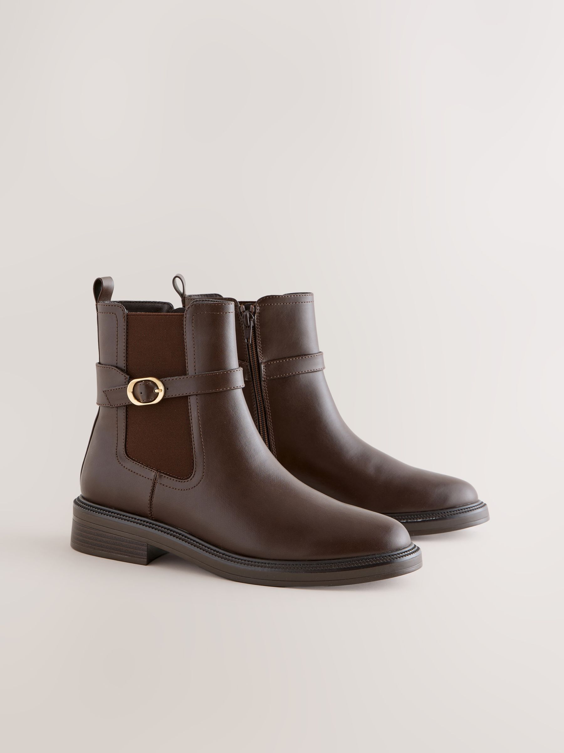 Chocolate Brown Standard/Wide Fit Buckled Chelsea Boots