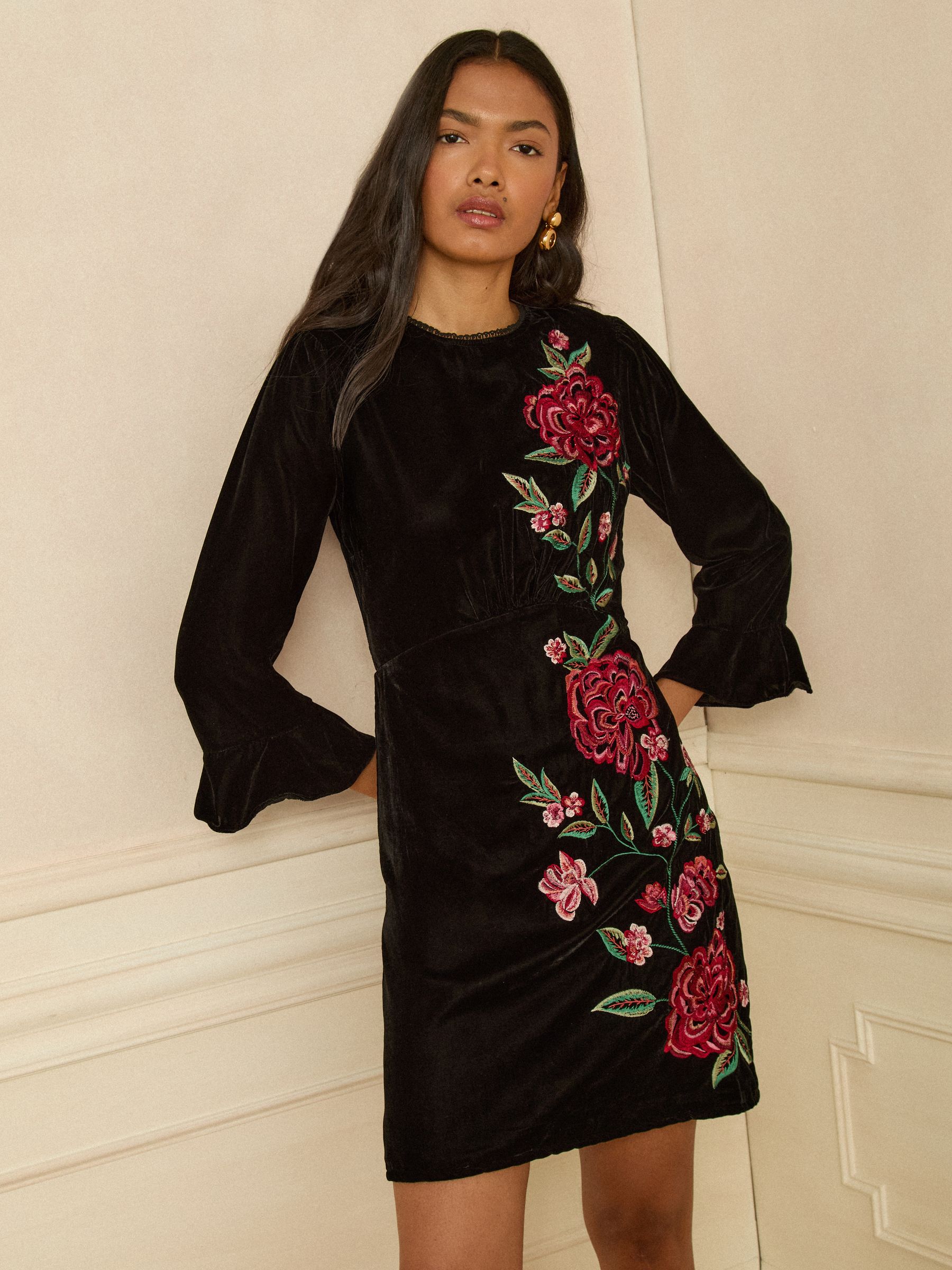 Love & Roses Black Velvet Rose Embroidered Mini Dress