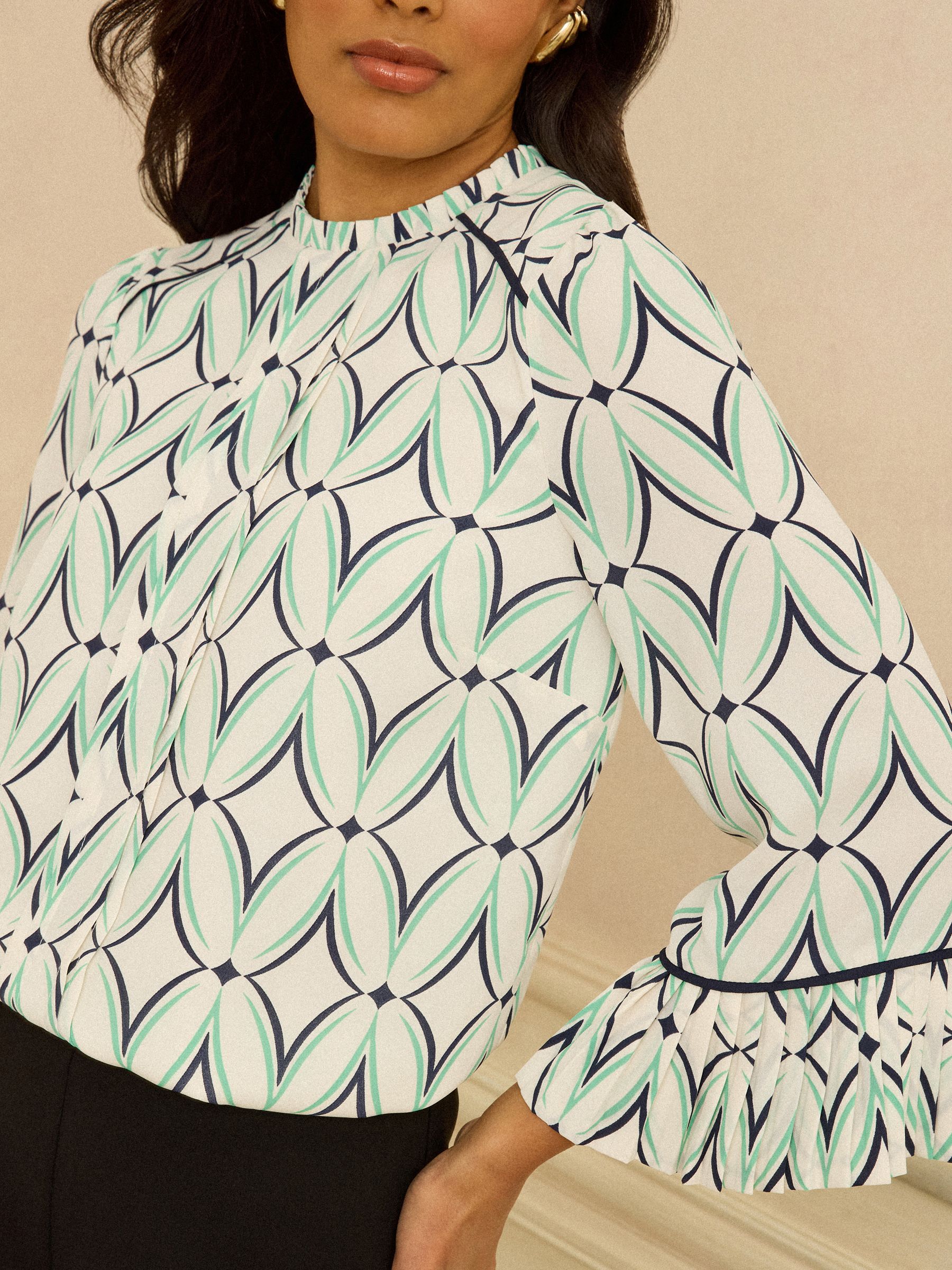 Love & Roses Ivory Geo Print Crew Neck Pleated Flute Sleeve Blouse