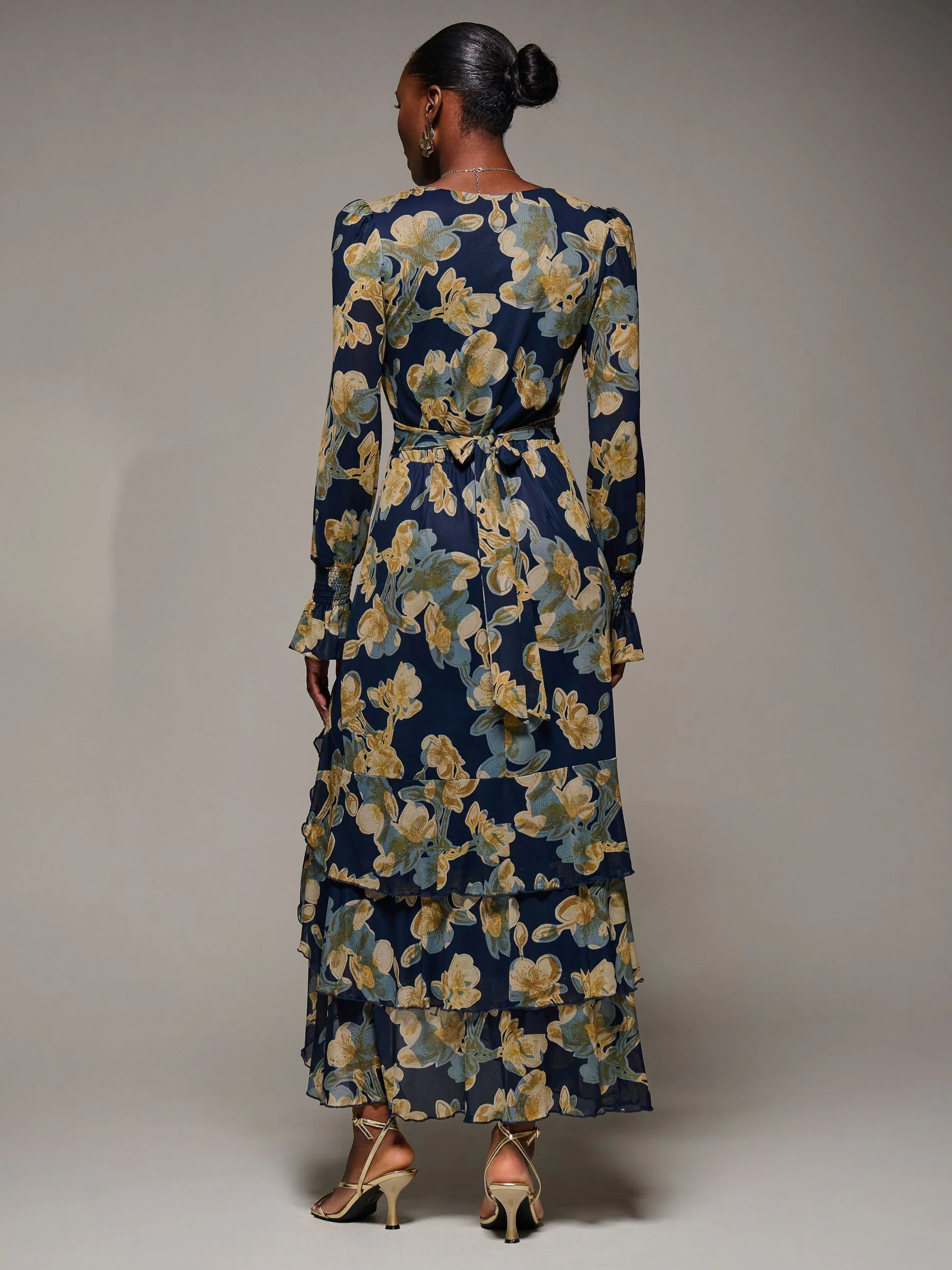 Jolie Moi Yellow Long Sleeve Ruffle Hem Mesh Maxi Dress