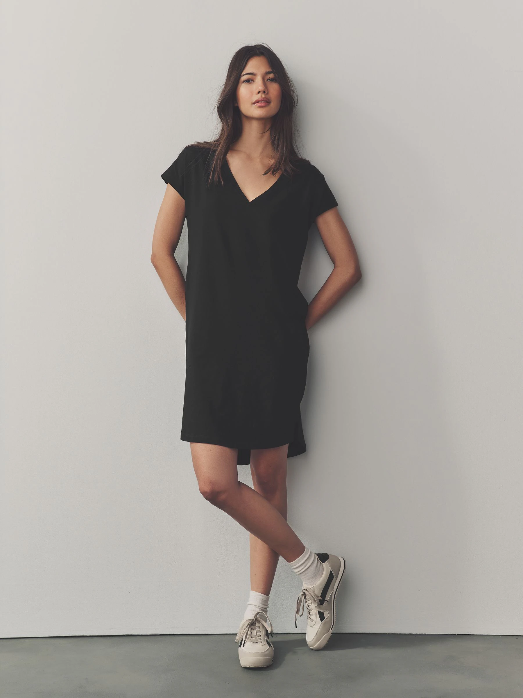 Black 100% Cotton Cap Sleeve V-Neck Mini Dress