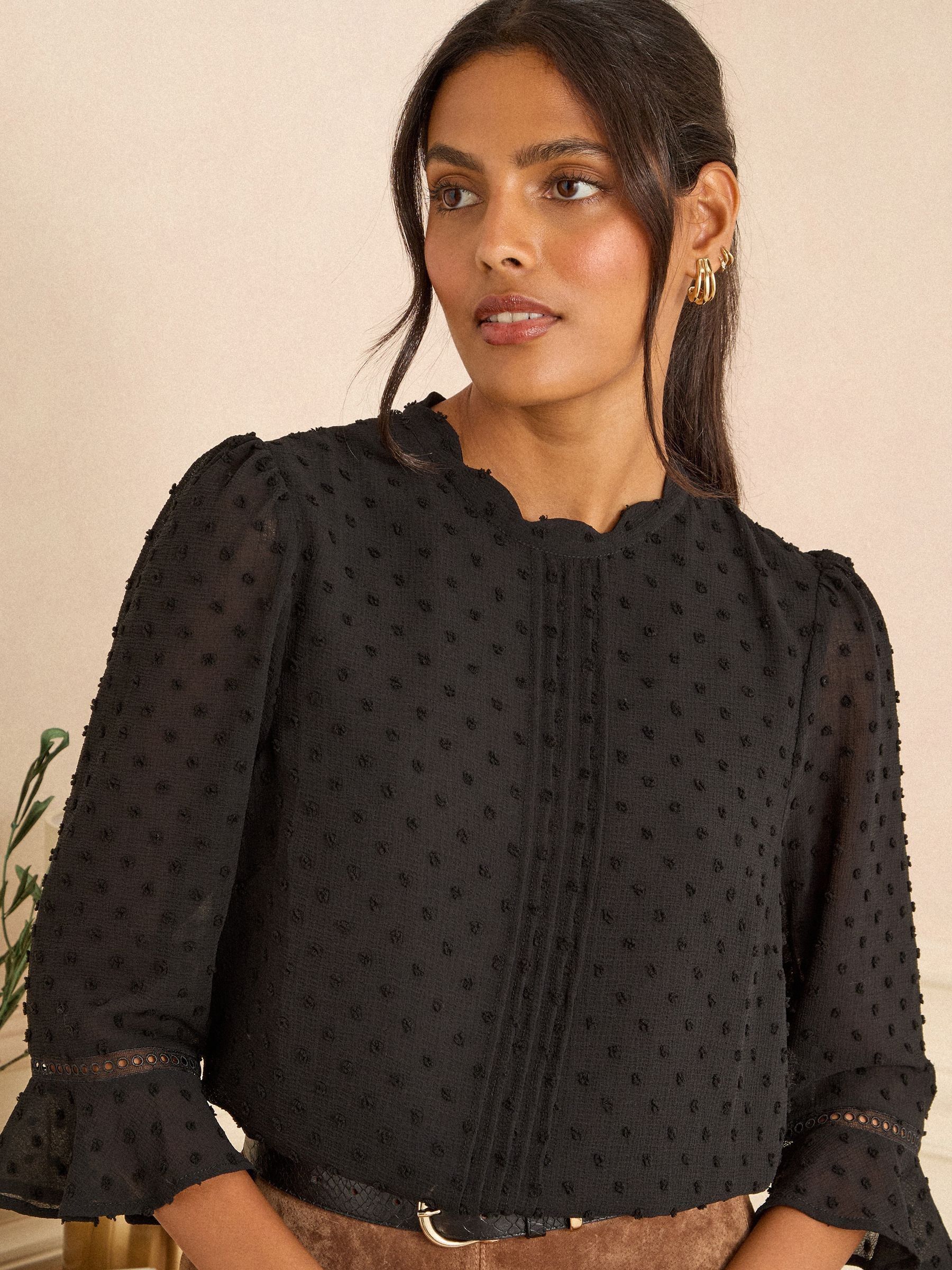 Love & Roses Black 3/4 Flute Sleeve Dobby Blouse