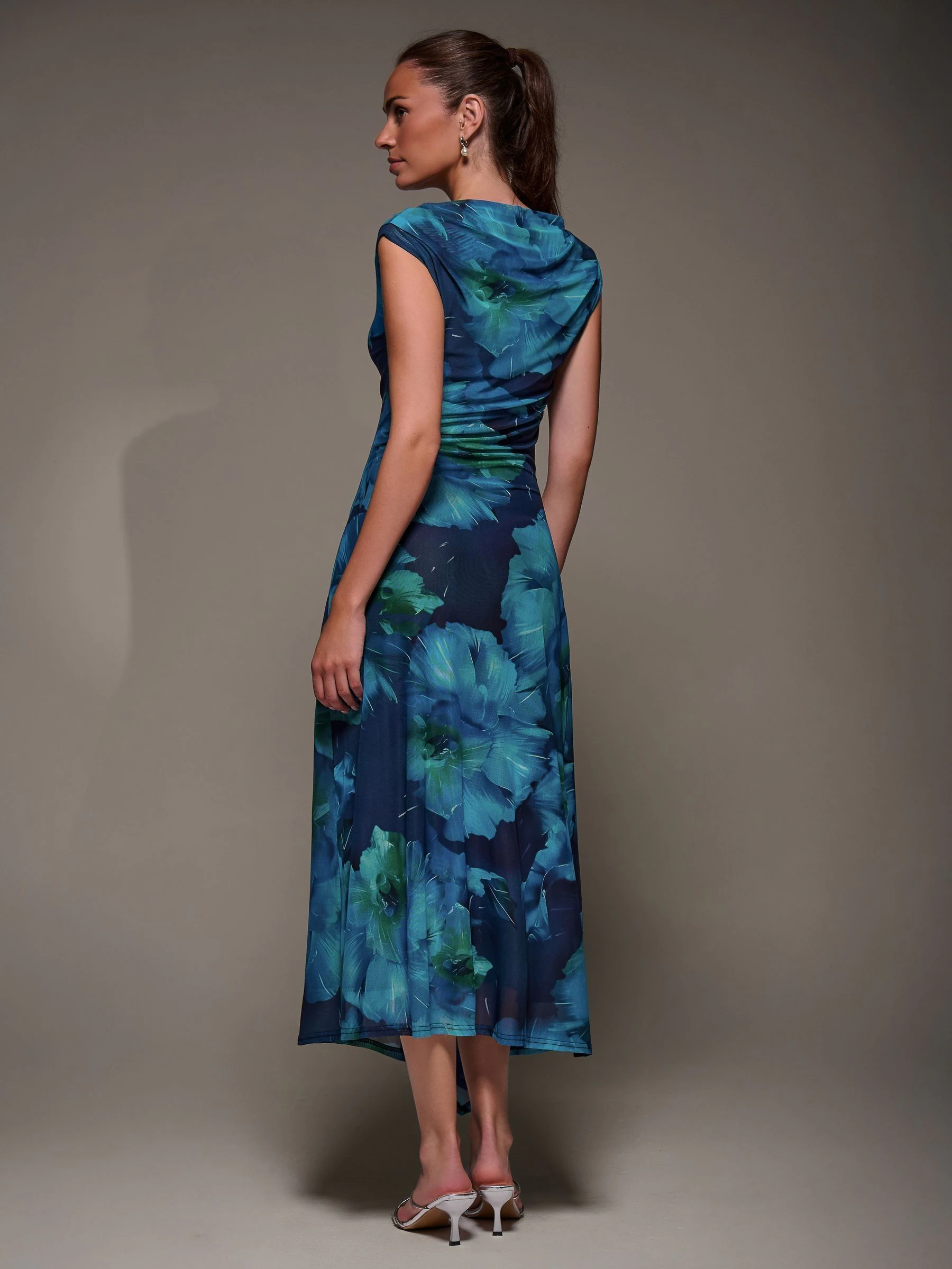 Jolie Moi Blue Slash Neck Ruched Mesh Maxi Dress