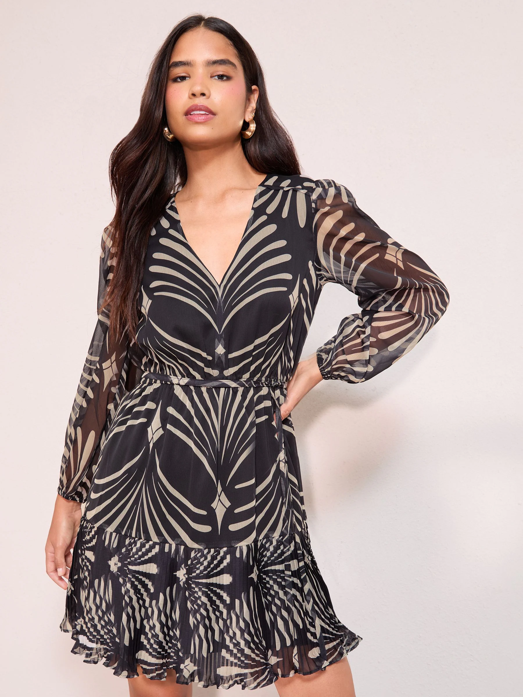 Friends Like These Black Mono Long Sleeve Chiffon Pleated Hem Geo Mini Dress