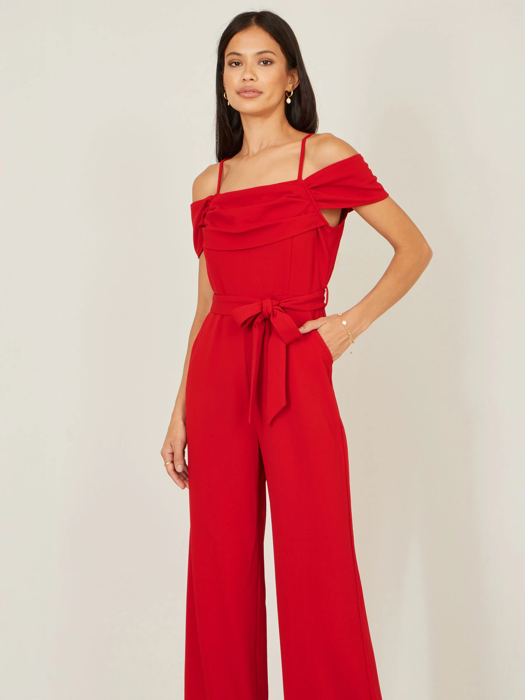Yumi Red Stretch Bardot Jumpsuit