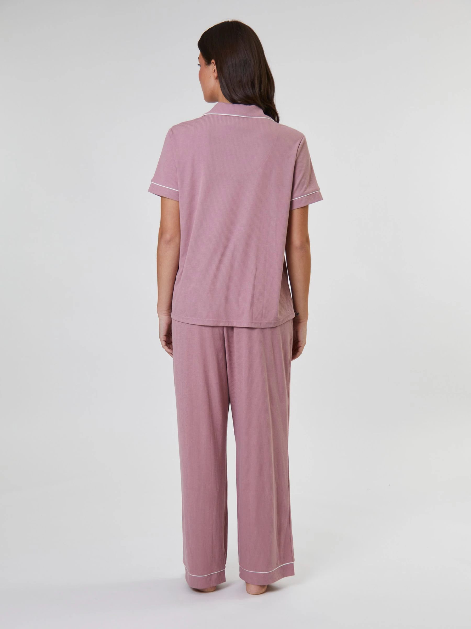 Loungeable Dusty Pink/White Trim Short Sleeve Soft Rib Button Through Pyjamas