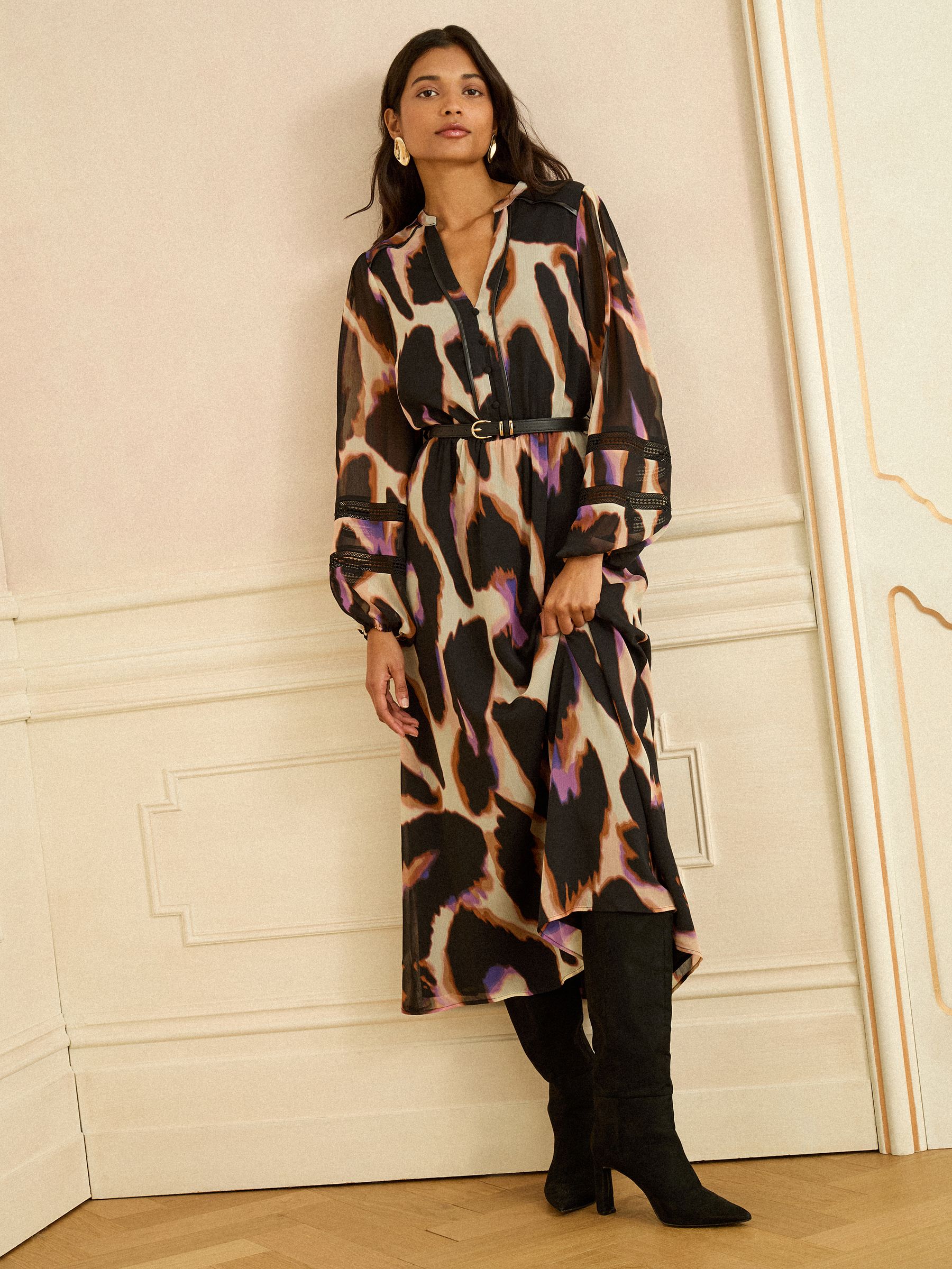 Love & Roses Ivory Animal PU Trim Midi Dress