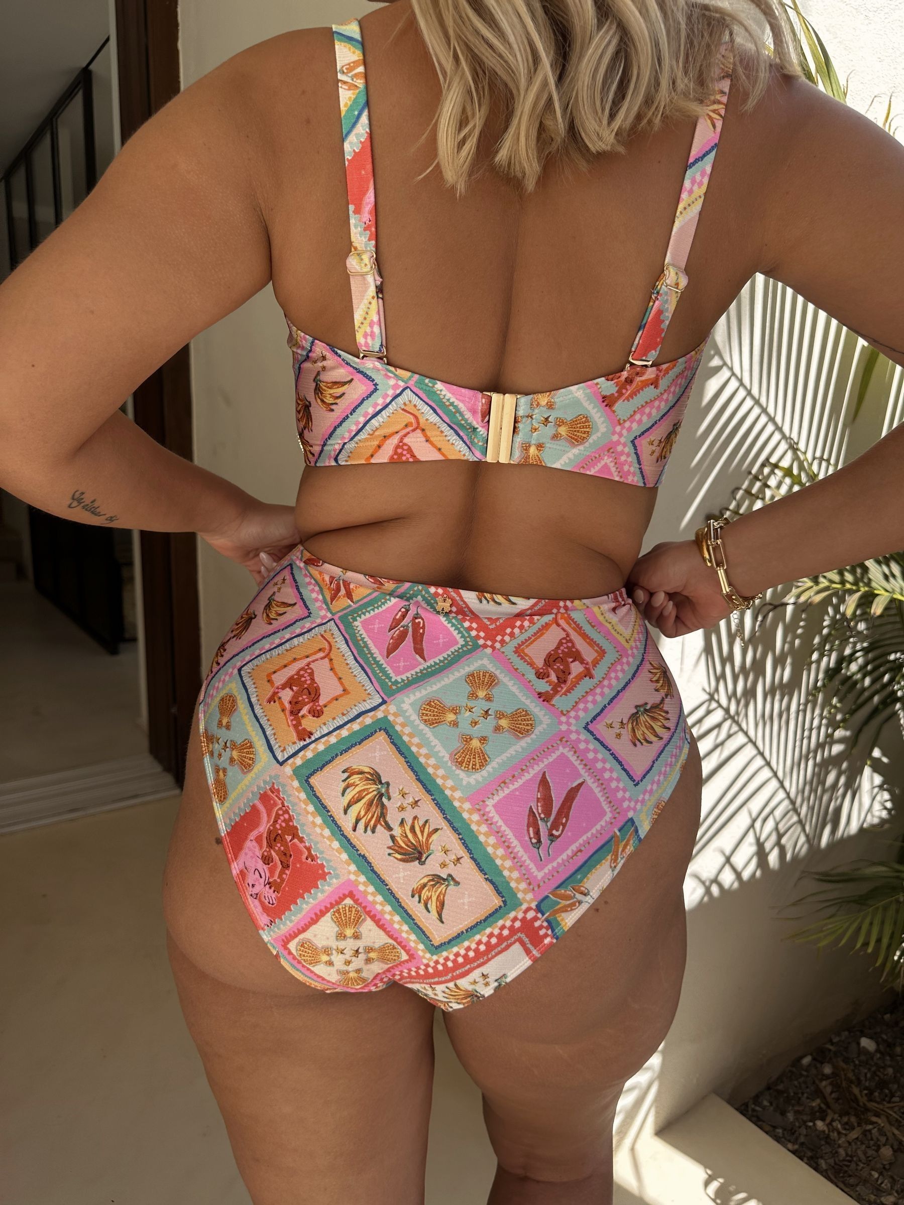 Never Fully Dressed Pink/Orange Tile High Waisted Bikini Bottoms