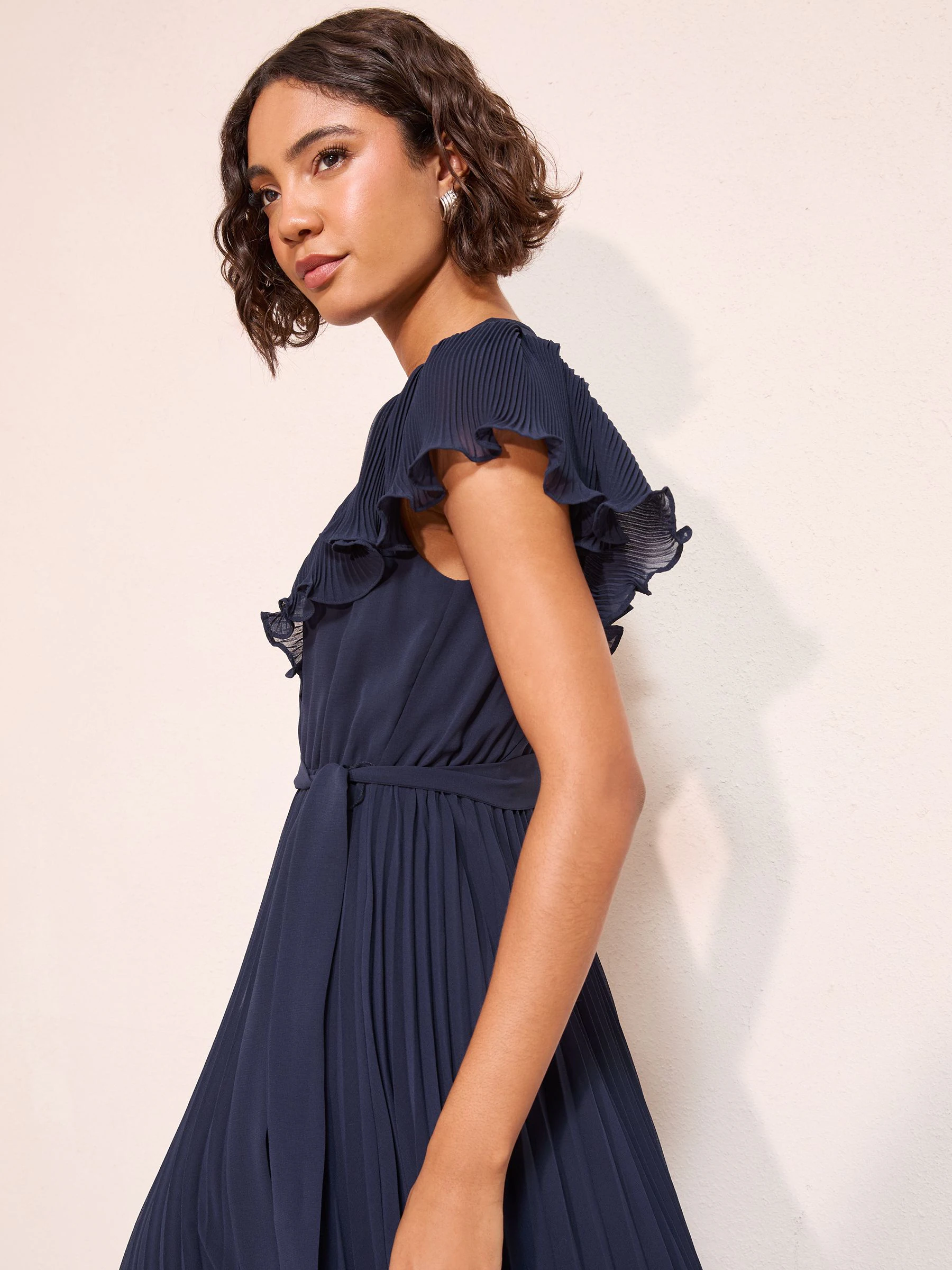 Friends Like These Navy Chiffon Pleated Lace Insert Midi Dress