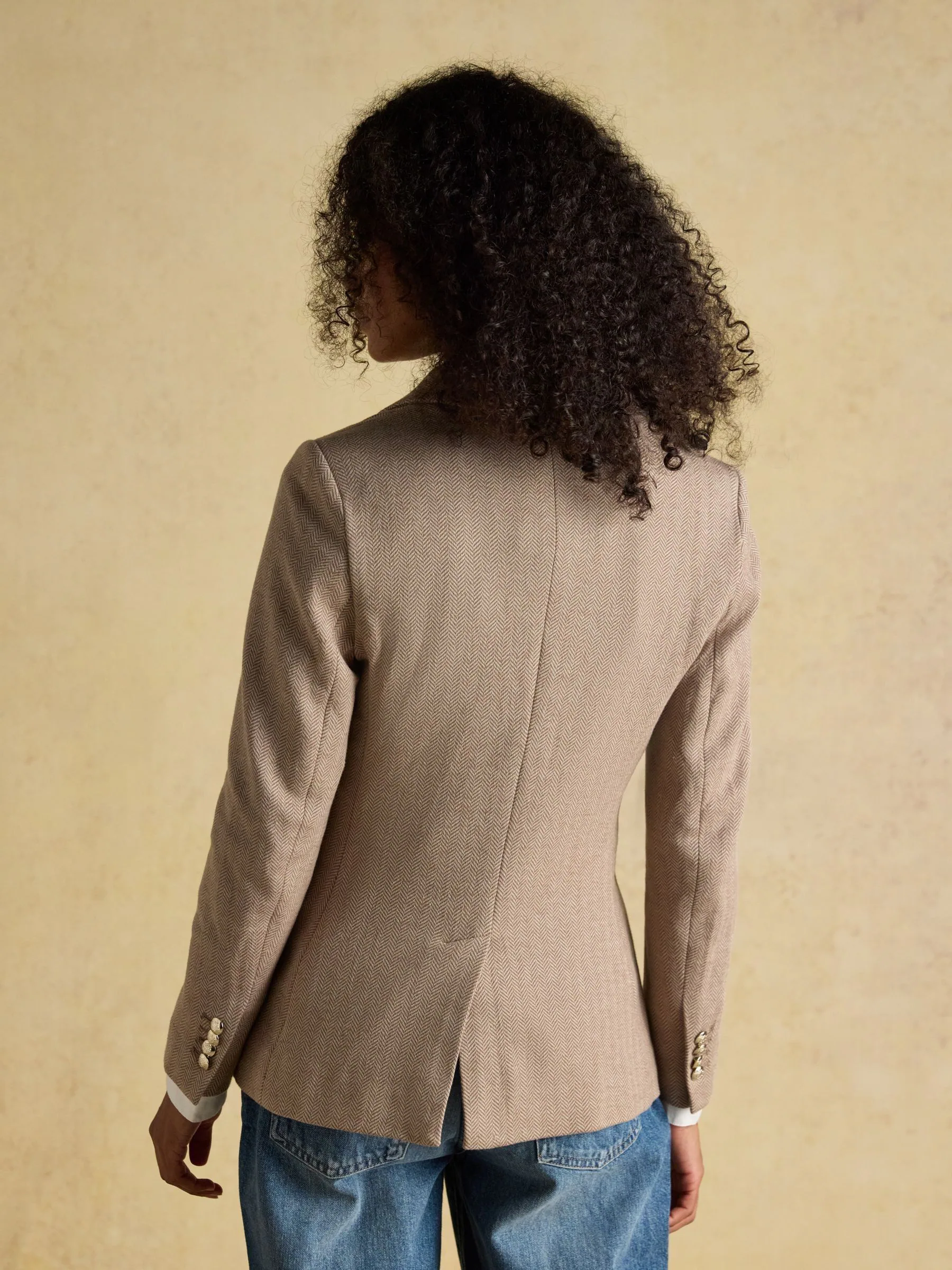 Joules Albury Tan Brown Herringbone Jersey Tweed Blazer