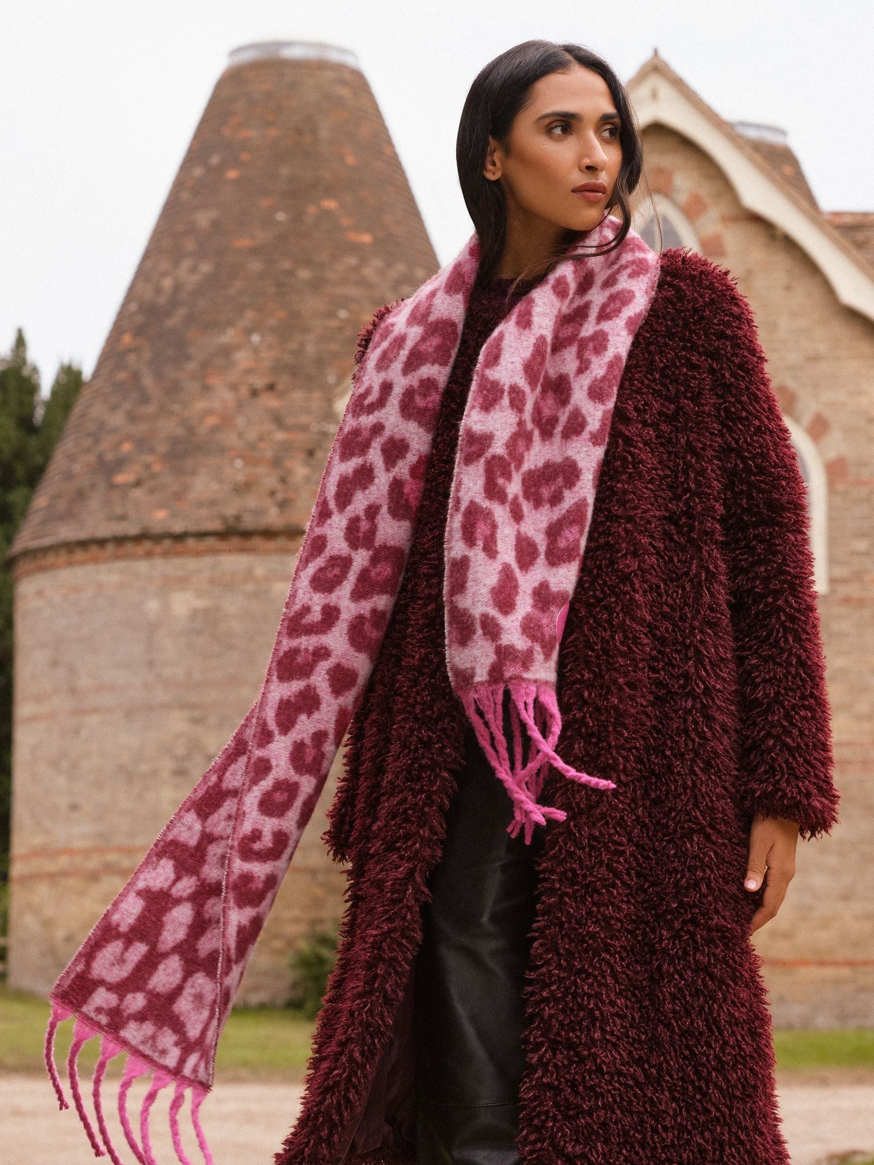 Love & Roses Burgundy Leopard Print Brushed Scarf