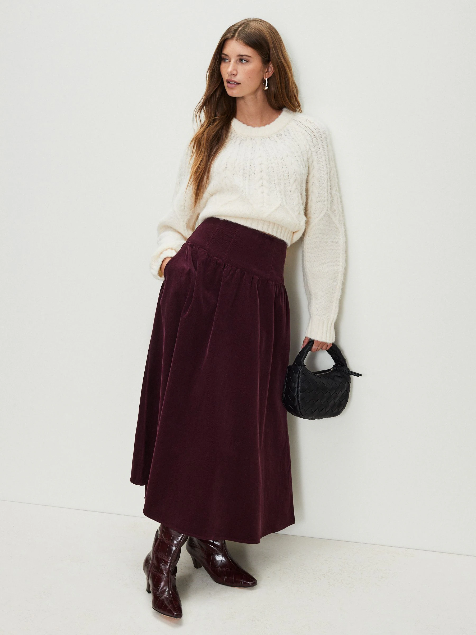 Burgundy Red Dropped Waist Corduroy Midi Skirt