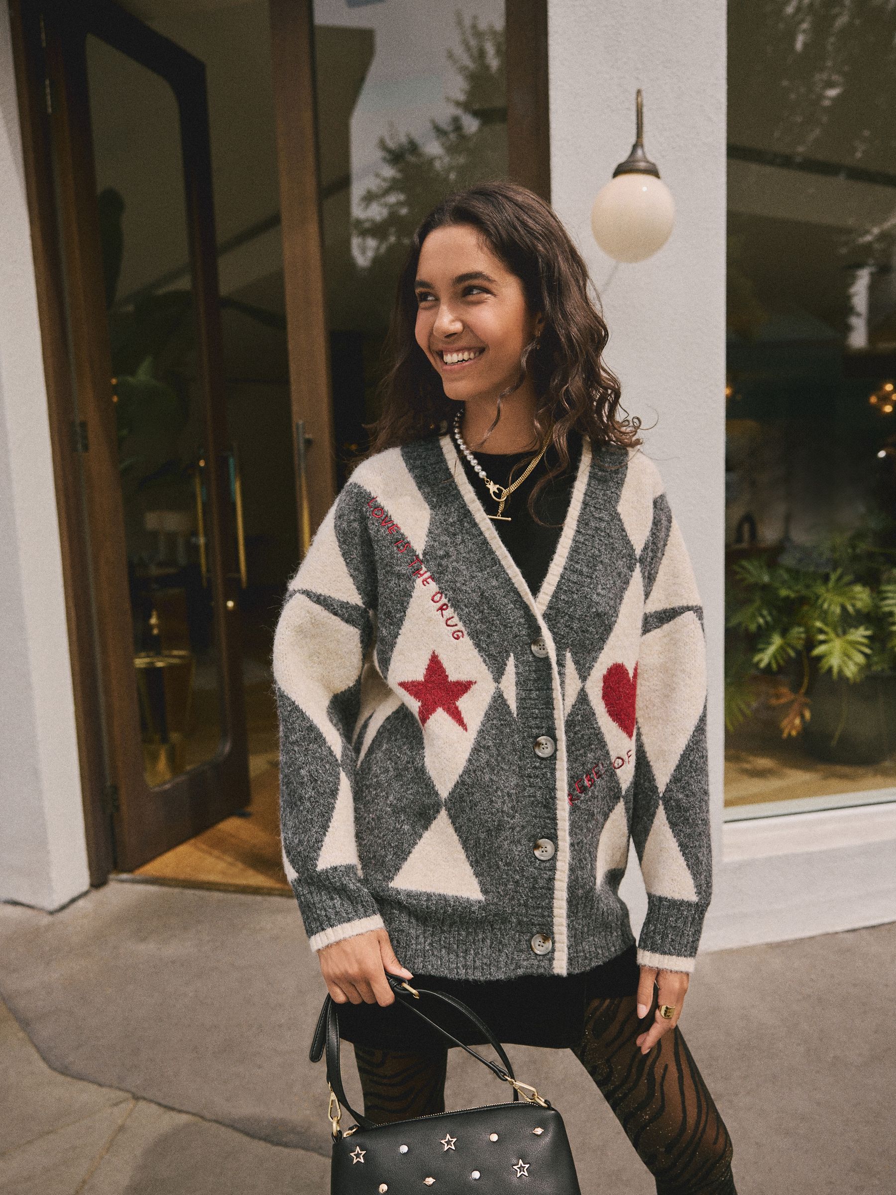 Rockett St George Black/White Harlequin Motif Cardigan