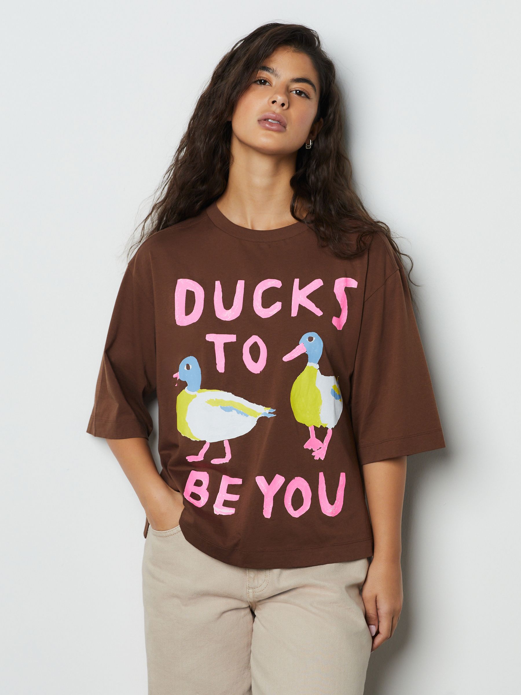 Chocolate Brown Duck Graphic Short Sleeve Crew Neck T-Shirt