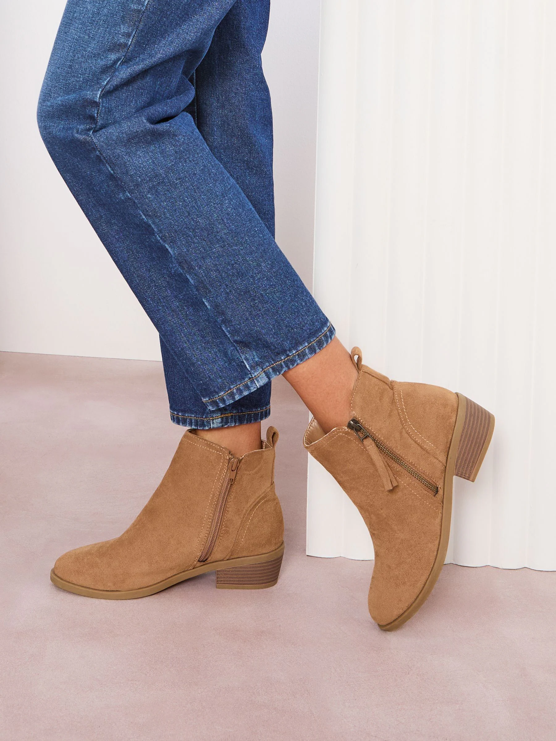Friends Like These Tan Brown Standard fit Mid Block Heel Side Zip Faux Suede Cuban Boots