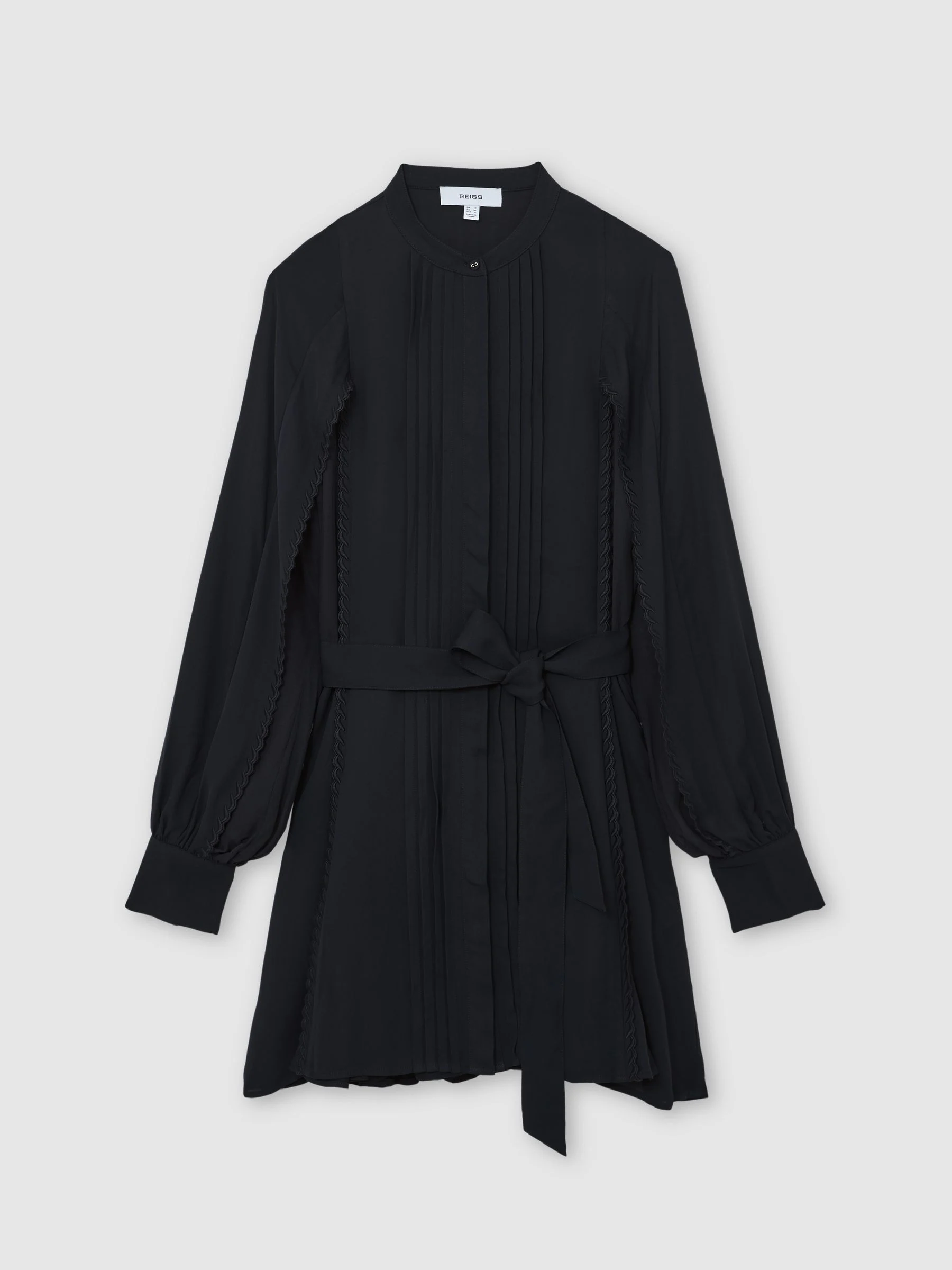 Reiss Navy Eliana Embroidered-Trim Belted Mini Dress