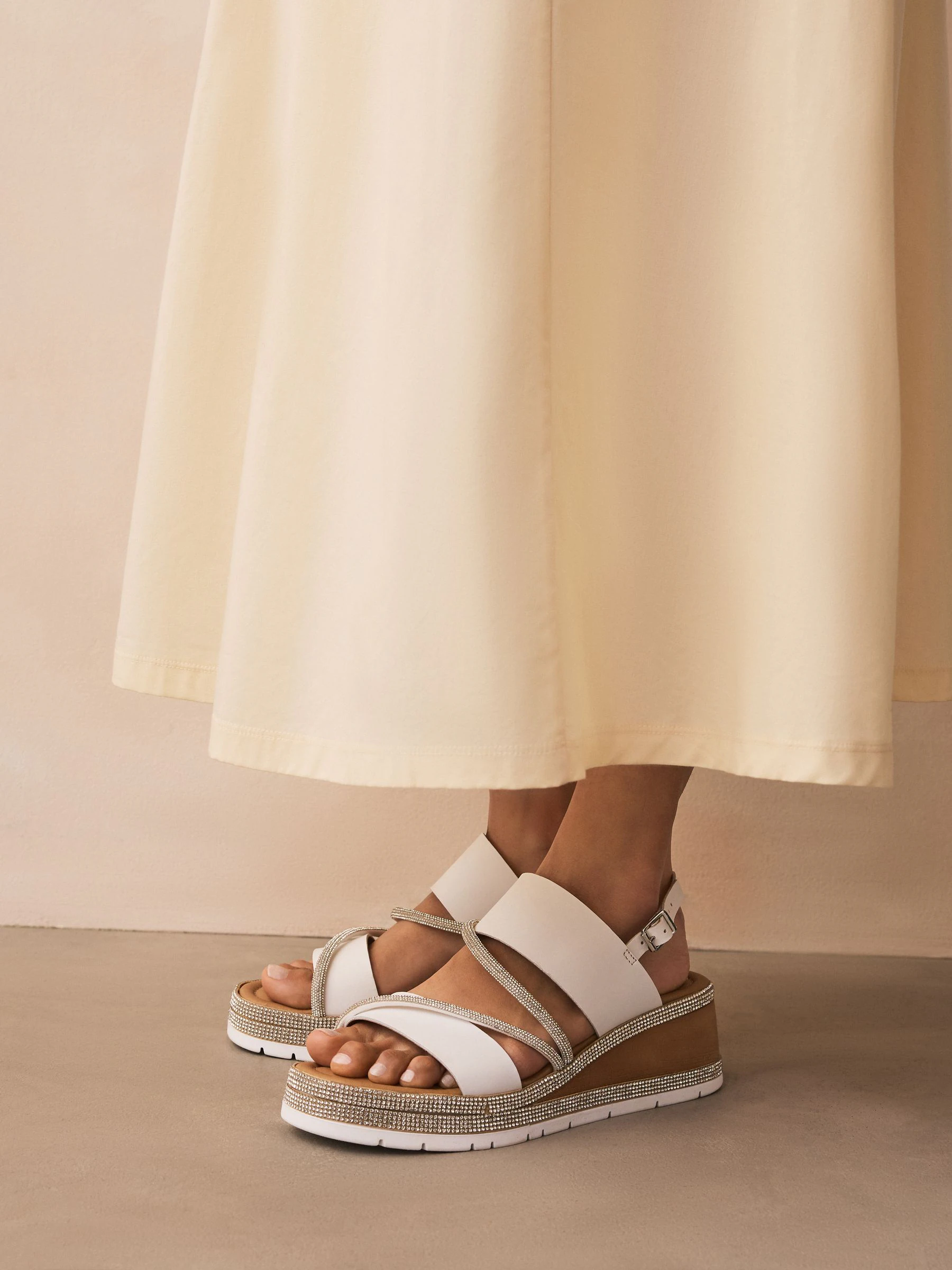 White Standard/Wide Fit Leather Bling Detail Slingback Sports Wedge Sandals