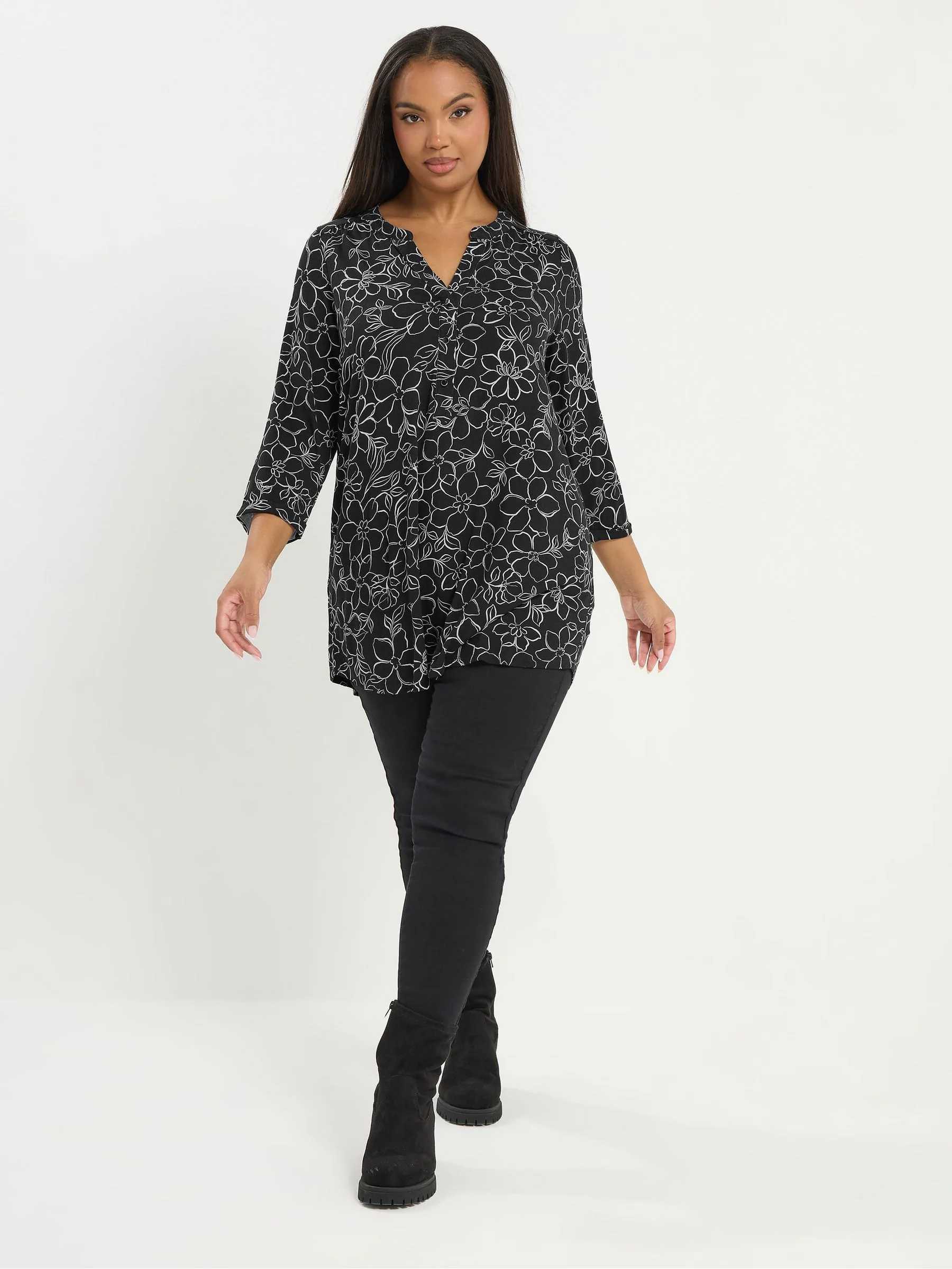 Yours Curve Black 3/4 Sleeve Placket Top