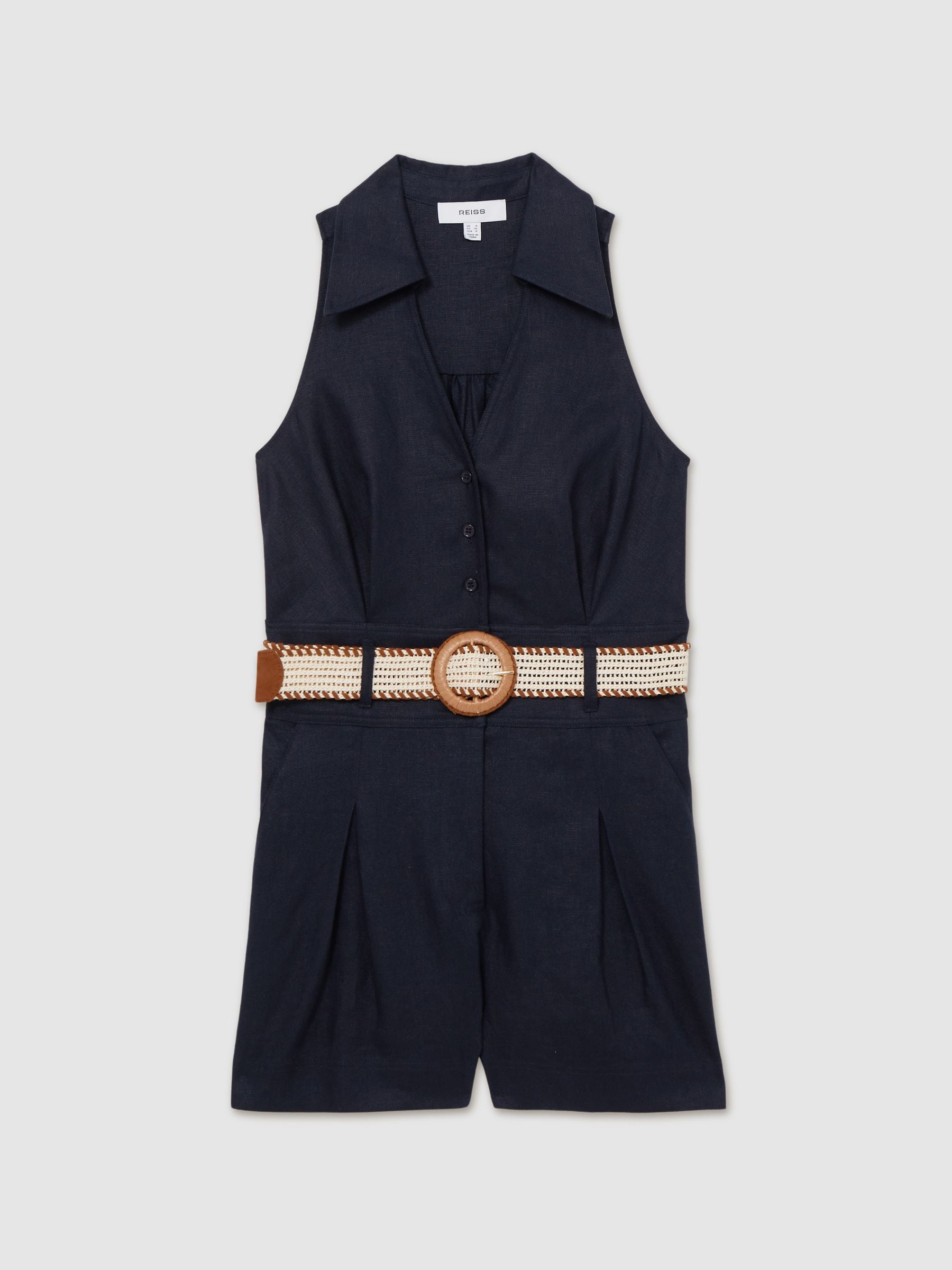 Reiss Navy Anjie Linen Belted Collar Playsuit