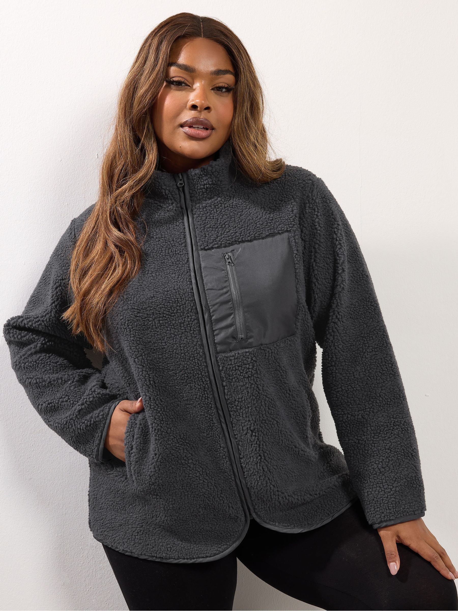 Yours Curve Grey Borg Nylon Pocket Fleece