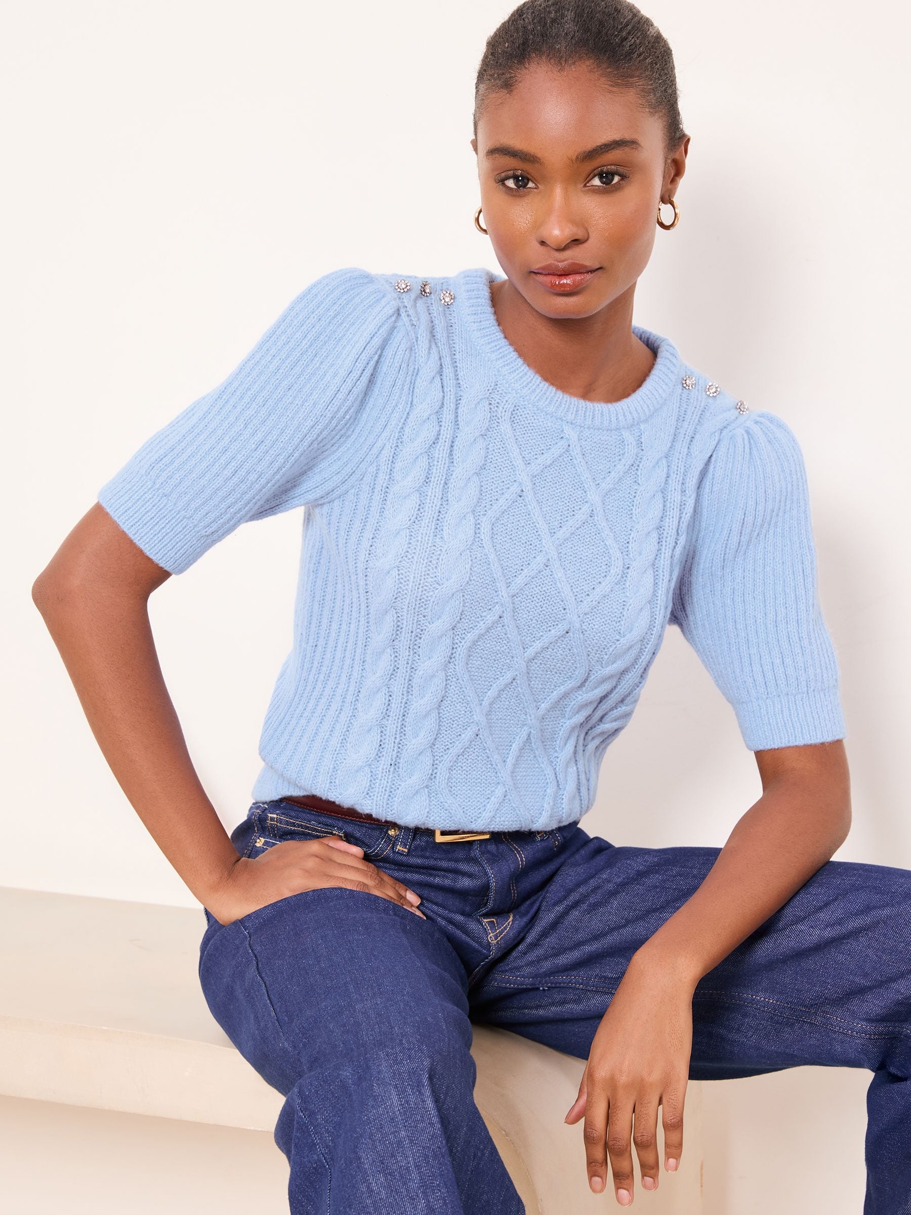 Lipsy Light Blue Supersoft Crew Neck Short Sleeve Buttoned Cable Knit Top