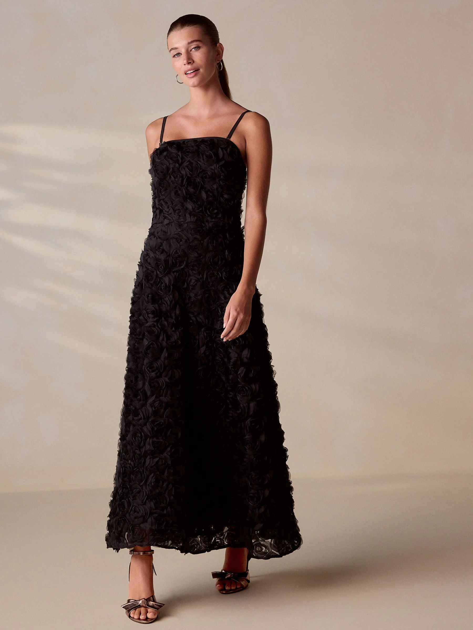 Black Occasion 3D Floral Bandeau Maxi Dress with Detachable Straps