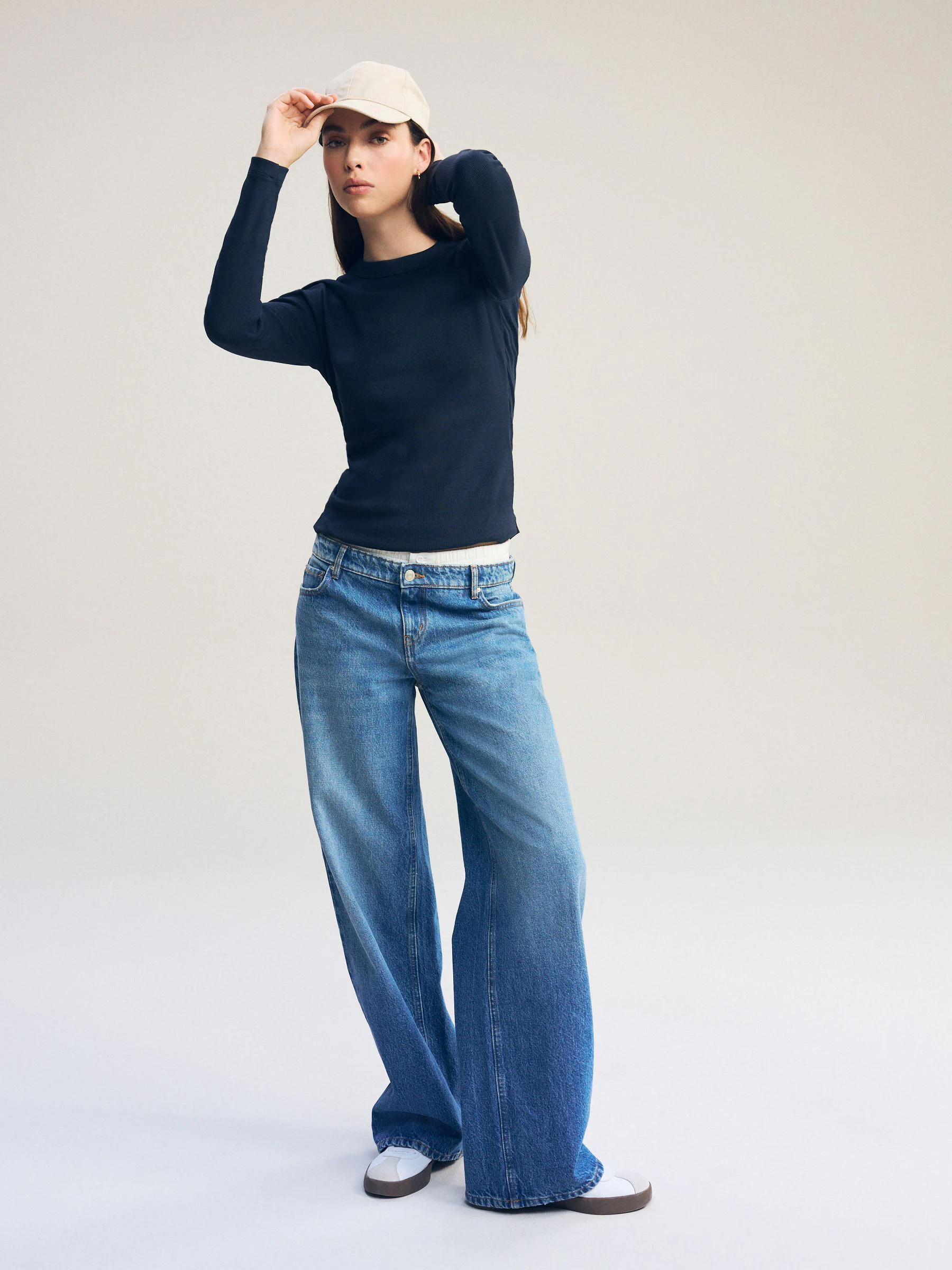 Navy Long Sleeve Ribbed Crew Neck Top