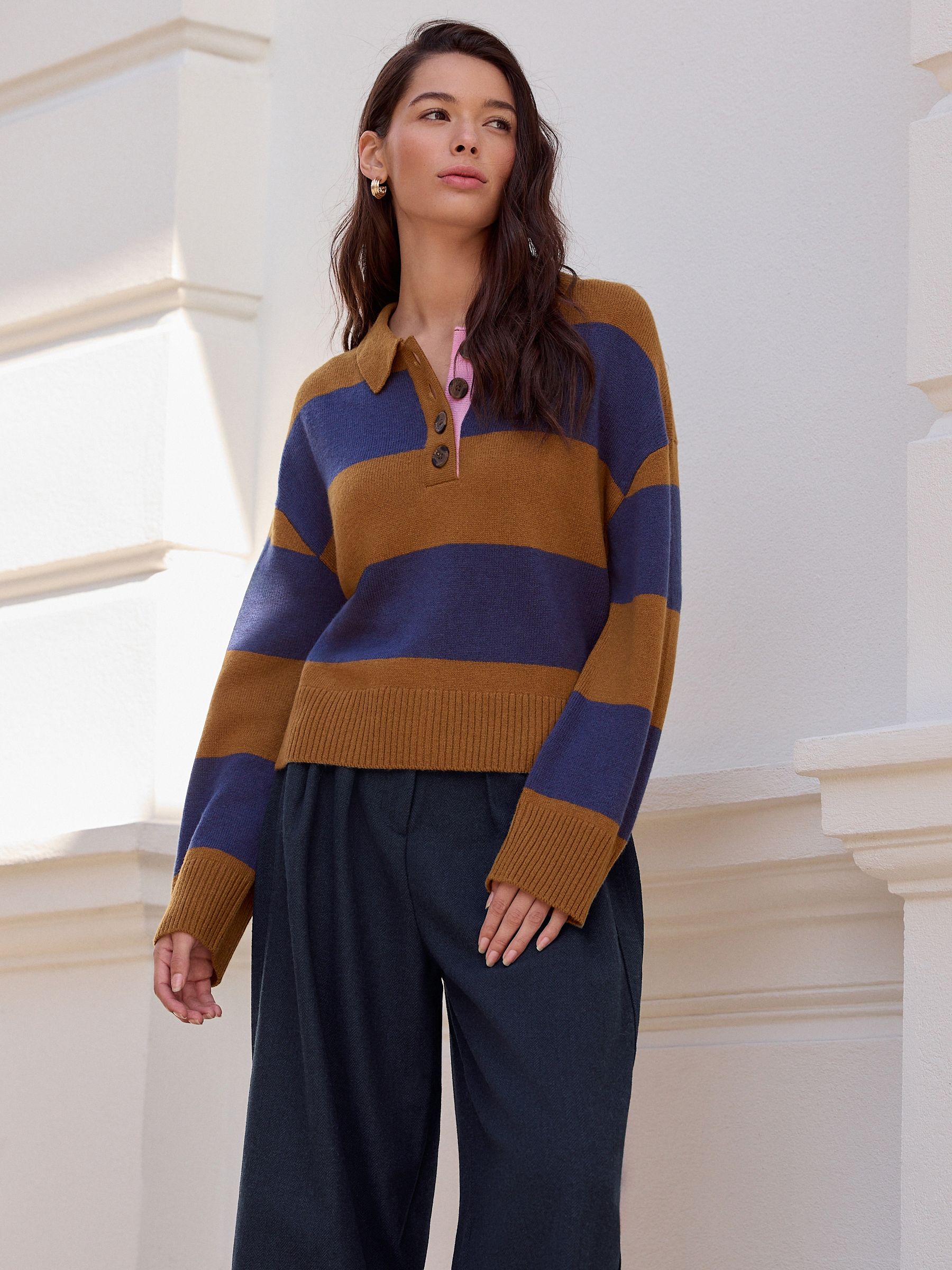 Camel Brown/Blue Stripe 100% Wool N. Premium Polo Jumper