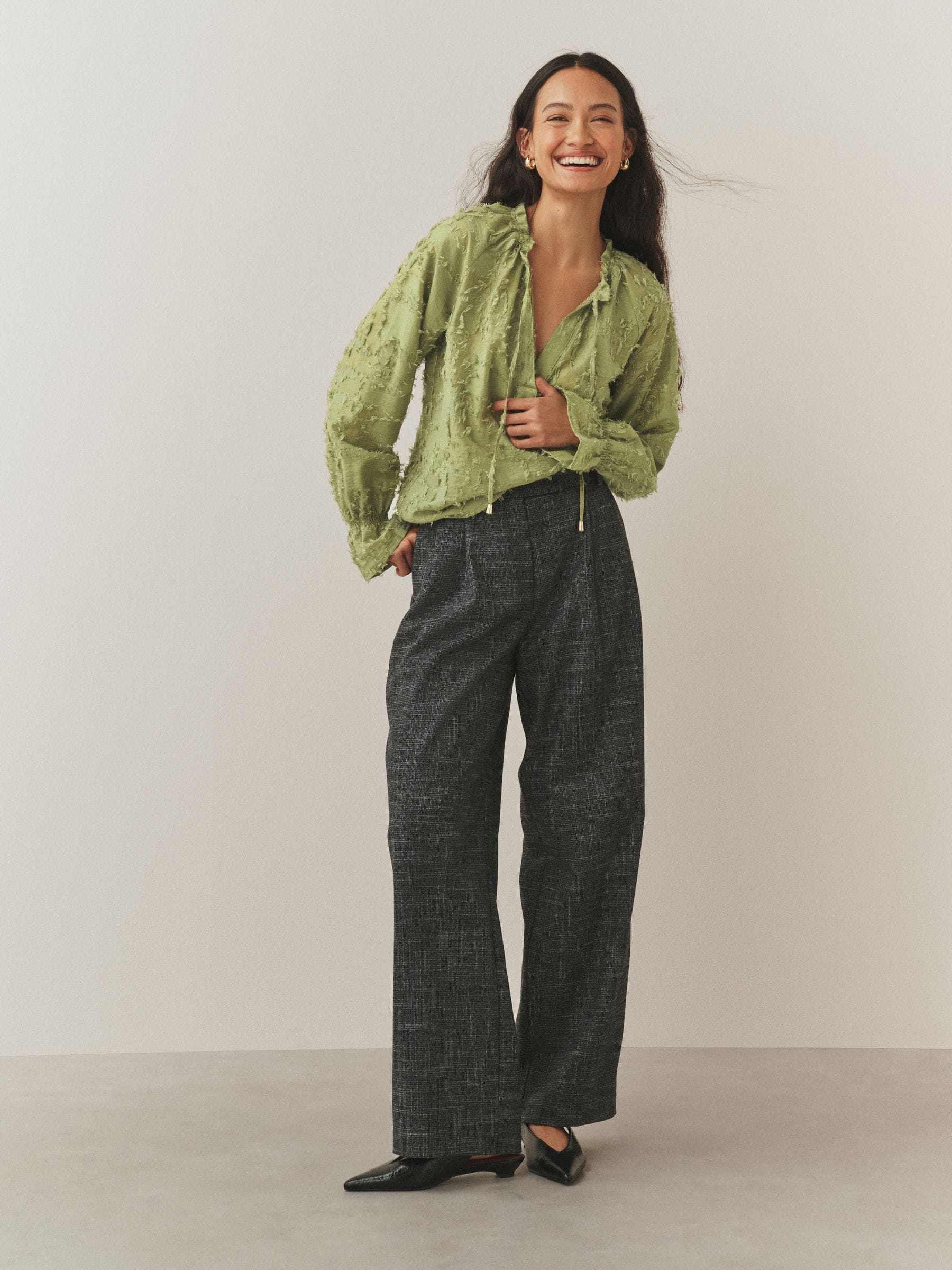 Olive Green Tufty Jacquard Long Sleeve Blouse