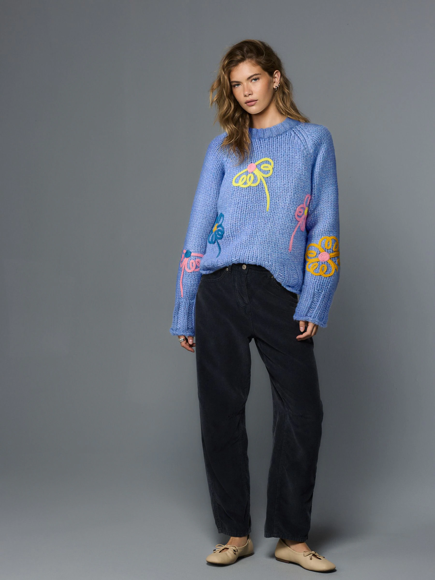 Bright Blue Floral Chunky Knit Crew Neck Jumper With Wool
