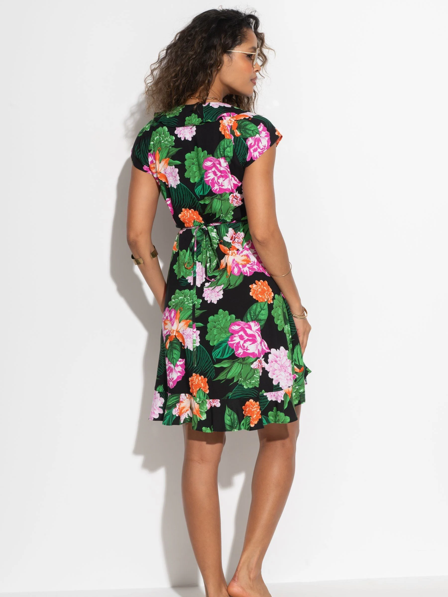 Pour Moi Black/Green/Pink Penny Frill Wrap Woven Beach Dress